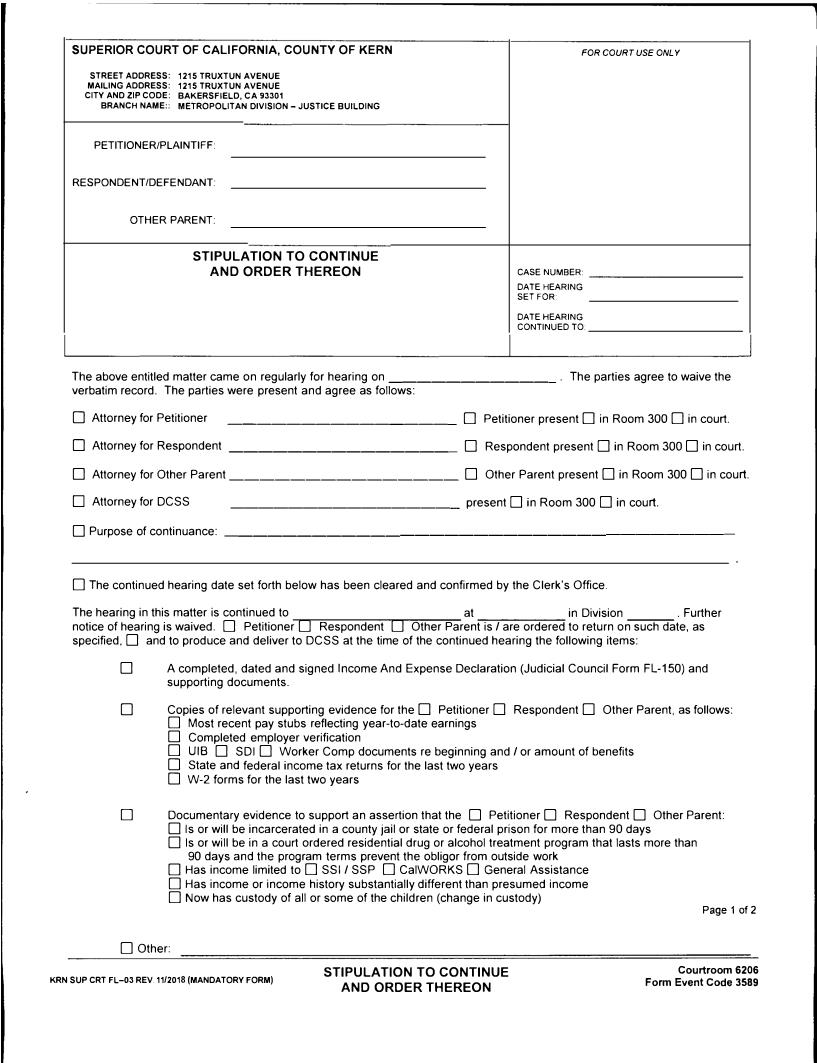 Stipulation To Continue And Order Thereon {FL-03} | Pdf Fpdf Docx | California