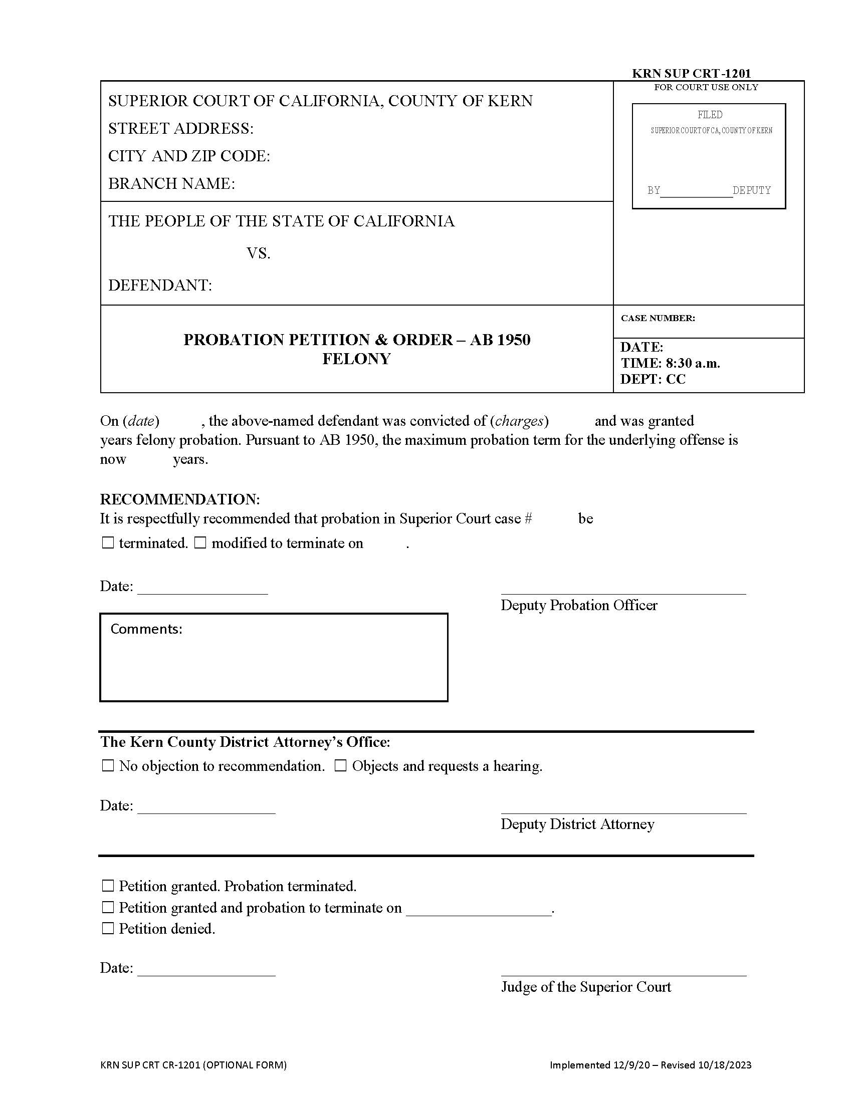 AB 1950 Felony Petition By Probation {SUP CRT-1201} | Pdf Fpdf Docx | California