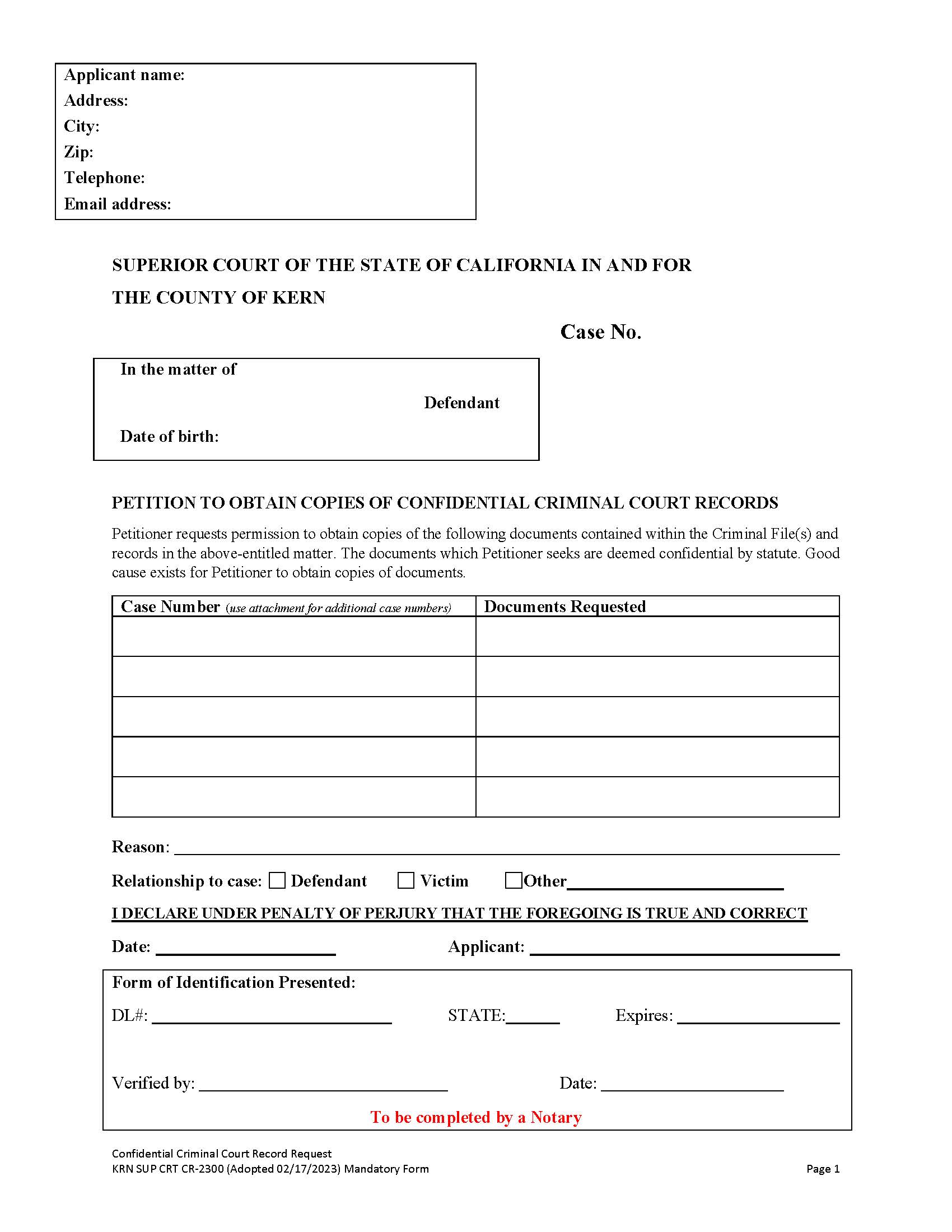 Confidential Criminal Court Records Request {SUP CRT CR-2300} | Pdf Fpdf Docx | California