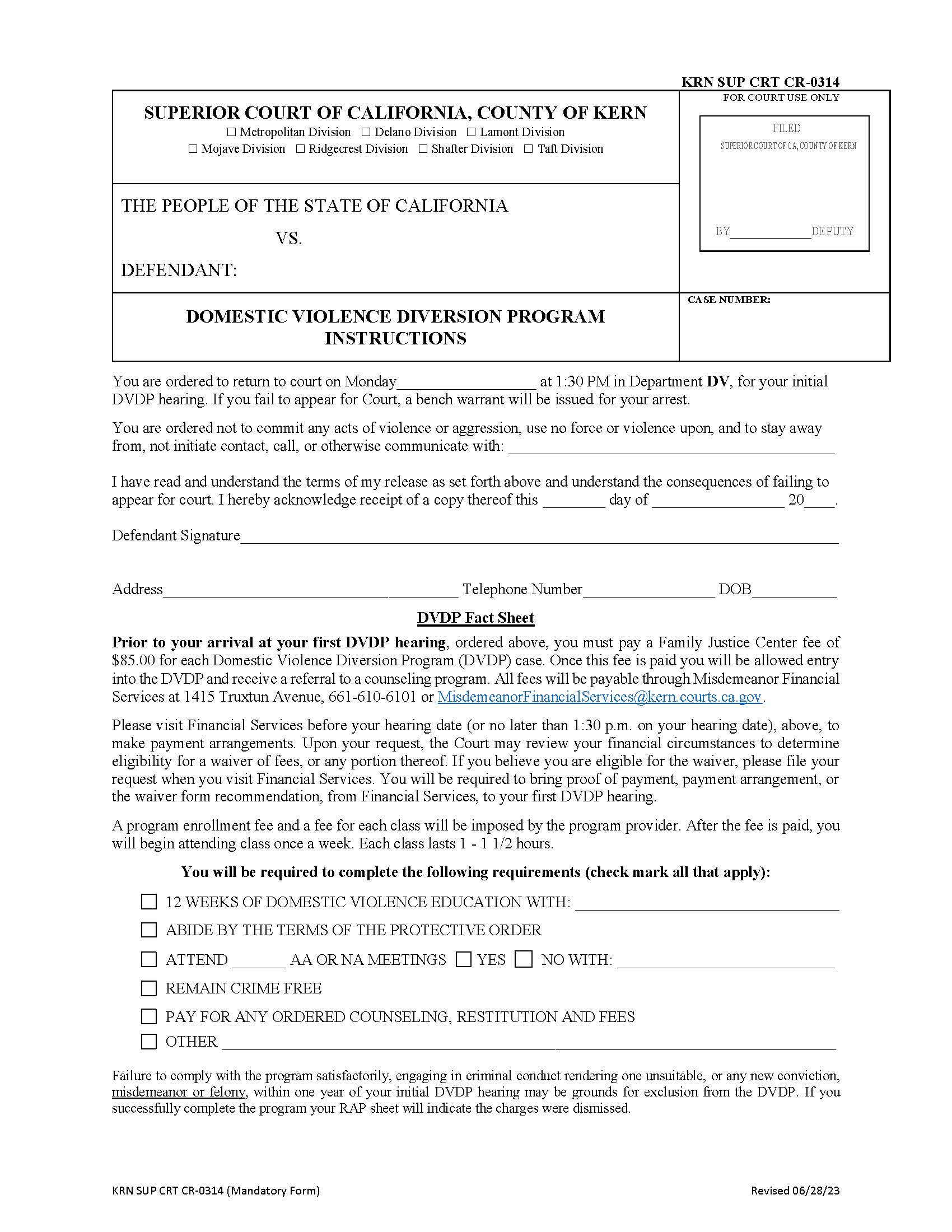 Domestic Violence Diversion Program Instructions {KRN SUP CRT CR-0314} | Pdf Fpdf Docx | California