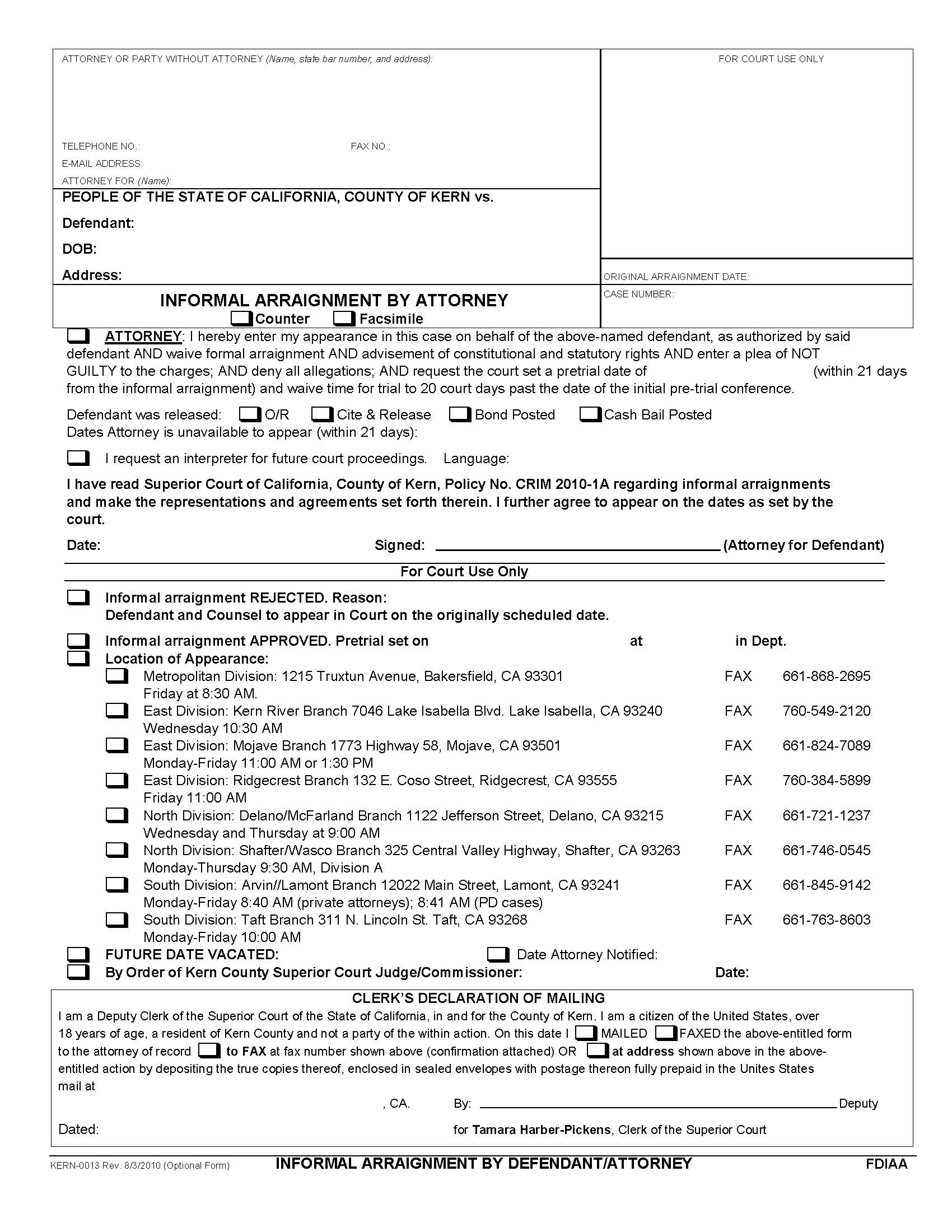 Informal Arraignment By Attorney {KERN-0013} | Pdf Fpdf Doc Docx | California
