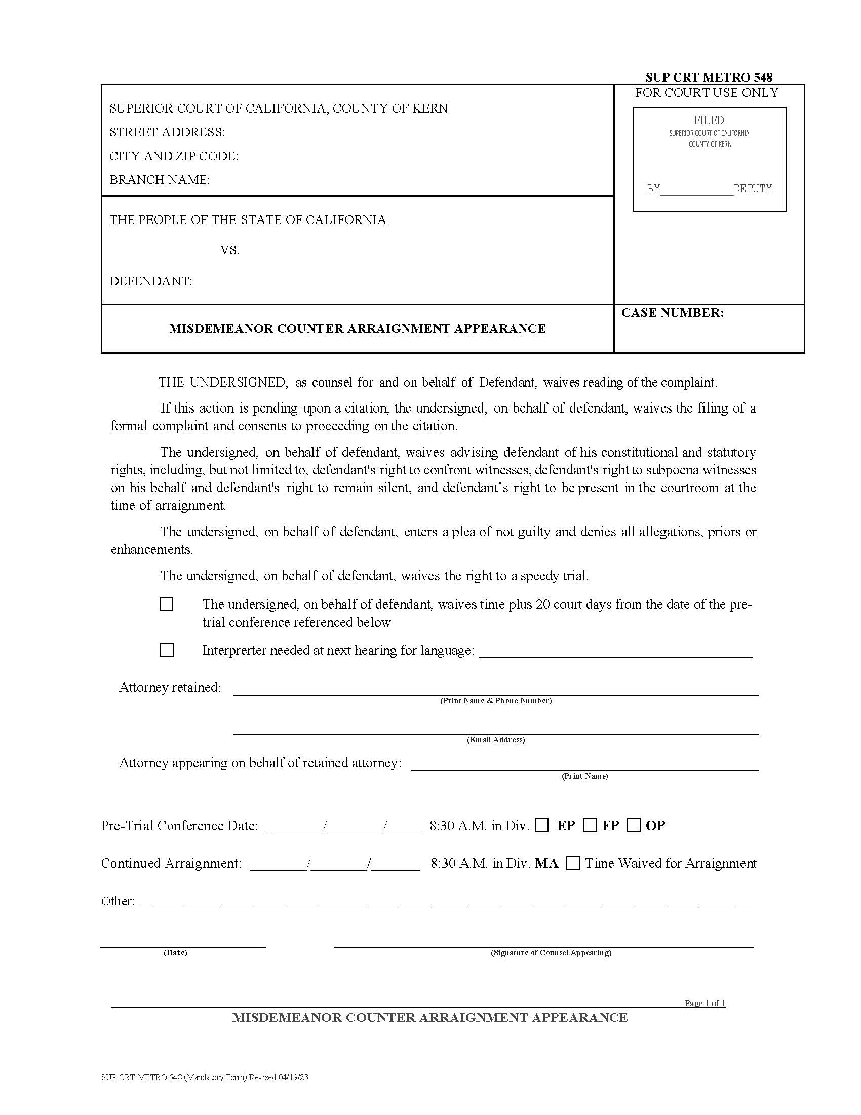 Misdemeanor Counter Arraignment Appearance {SUP CRT METRO 548} | Pdf Fpdf Docx | California