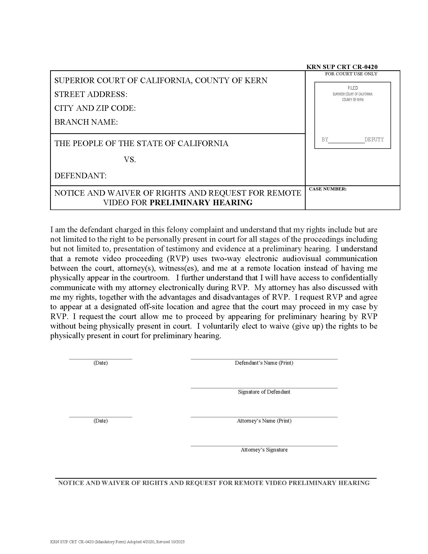 Notice And Waiver Of Rights And Request For Remote {KRN SUP CRT CR-0420} | Pdf Fpdf Docx | California