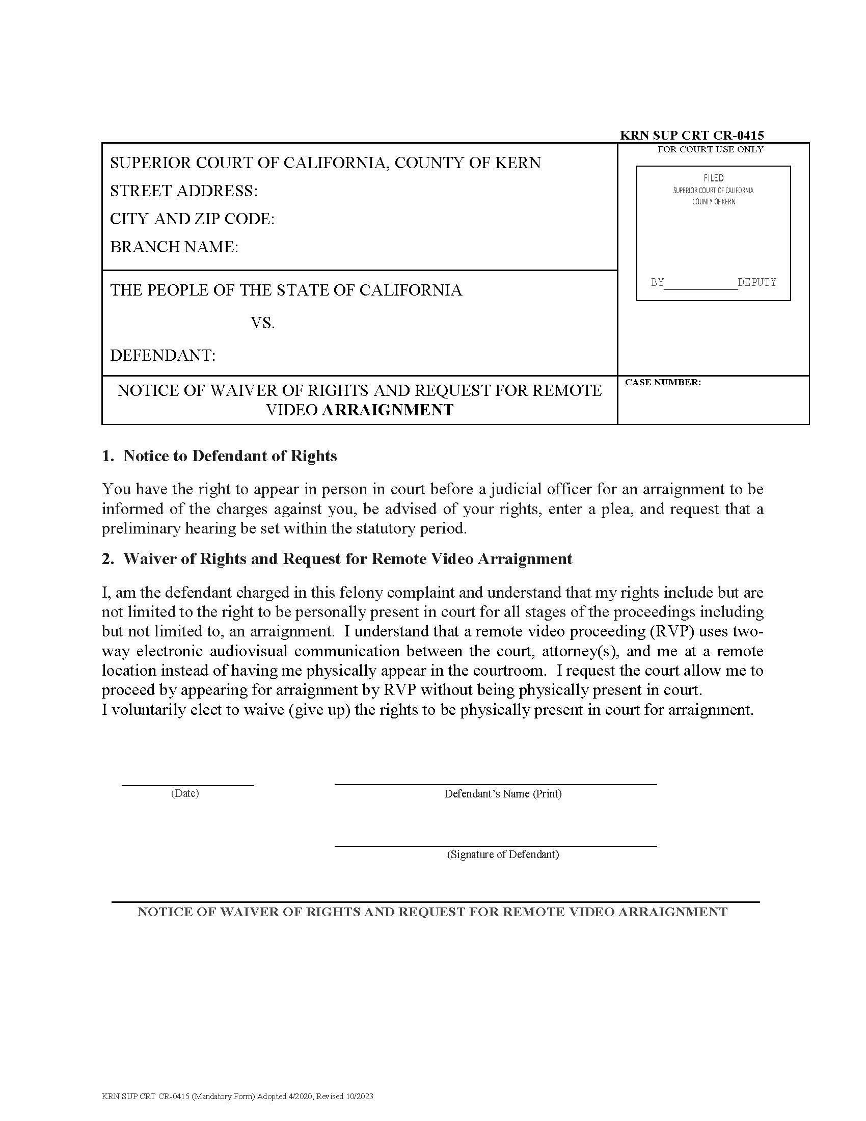 Notice Of Waiver Of Rights And Request For Remote {KRN SUP CRT CR-0415} | Pdf Fpdf Docx | California