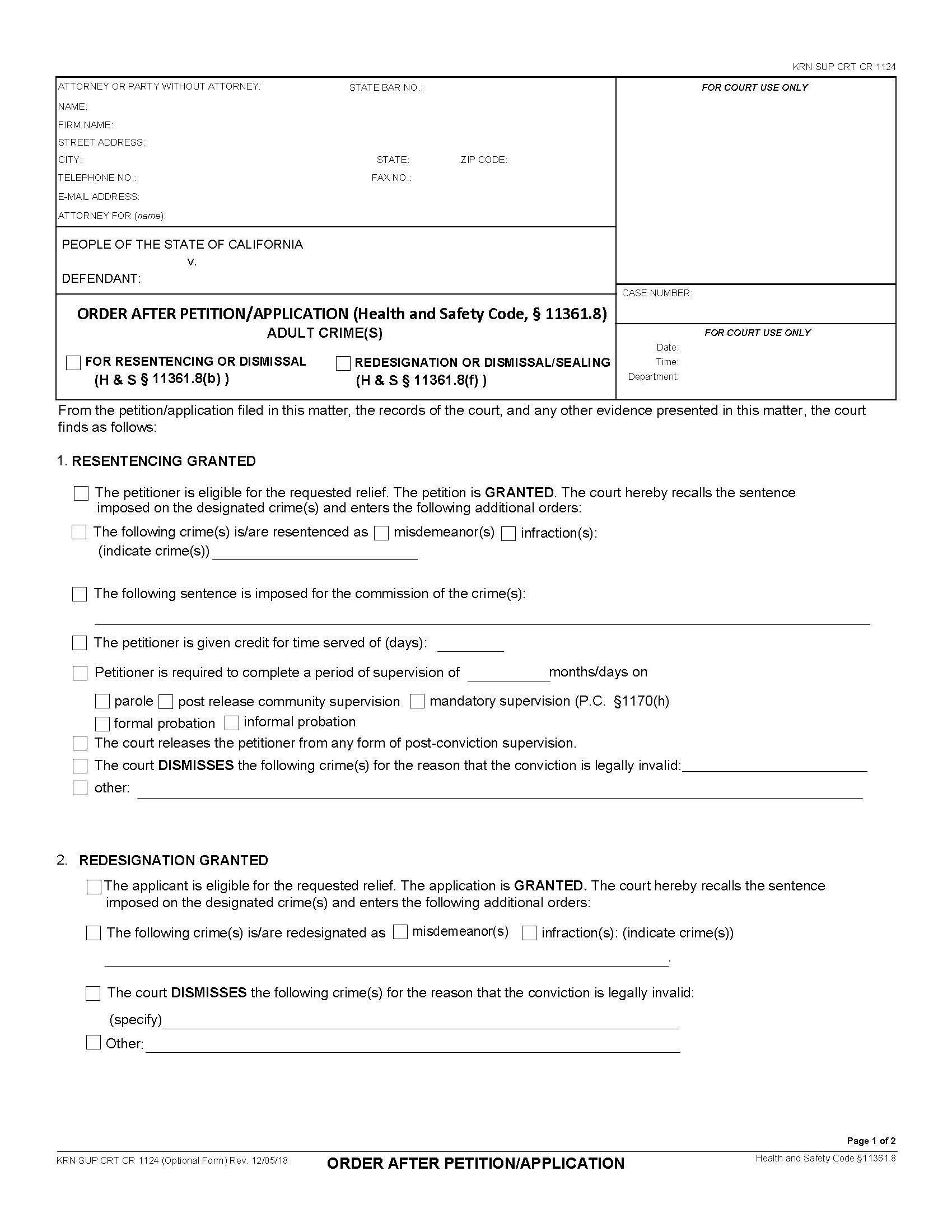 Order After Petition-Application (HS 11361.8) Adult Crime(s) {SUP CRT 1124} | Pdf Fpdf Doc Docx | California