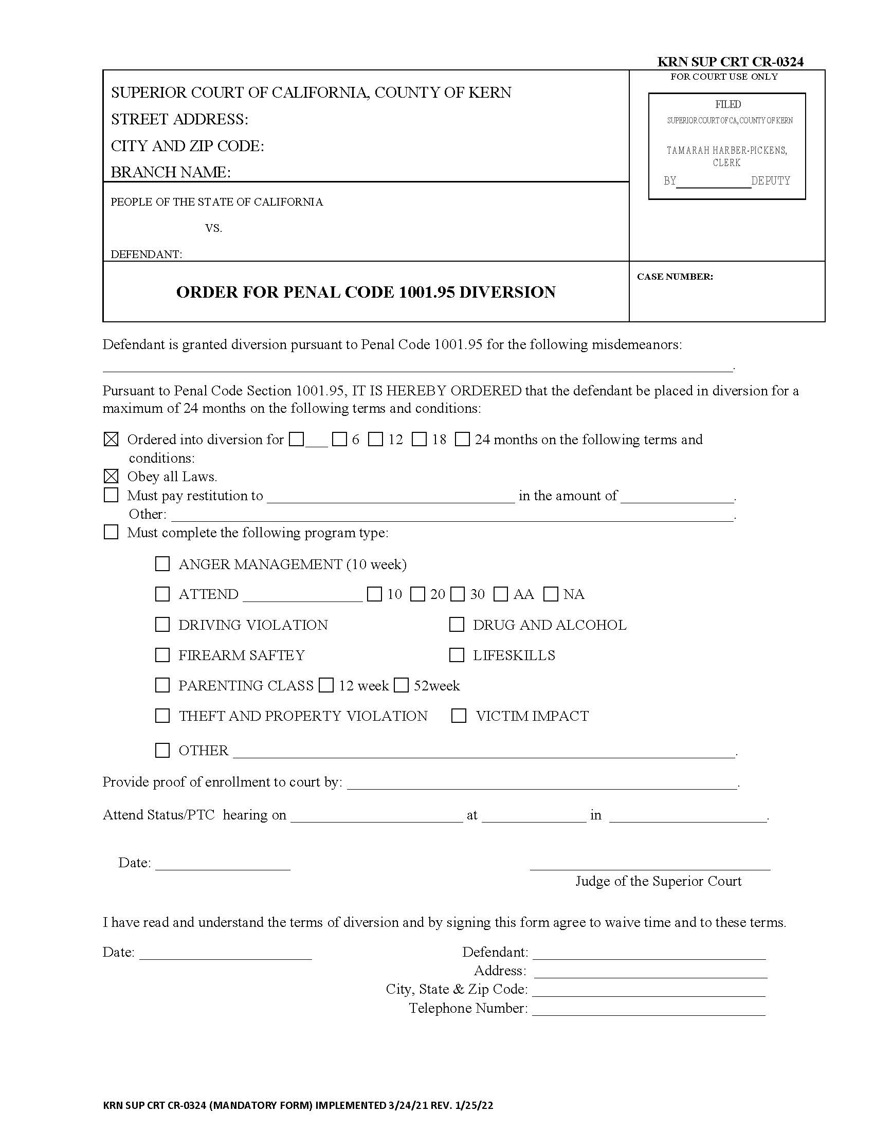 Order For Penal Code 1001.95 Diversion {SUP CRT CR-0324} | Pdf Fpdf Docx | California