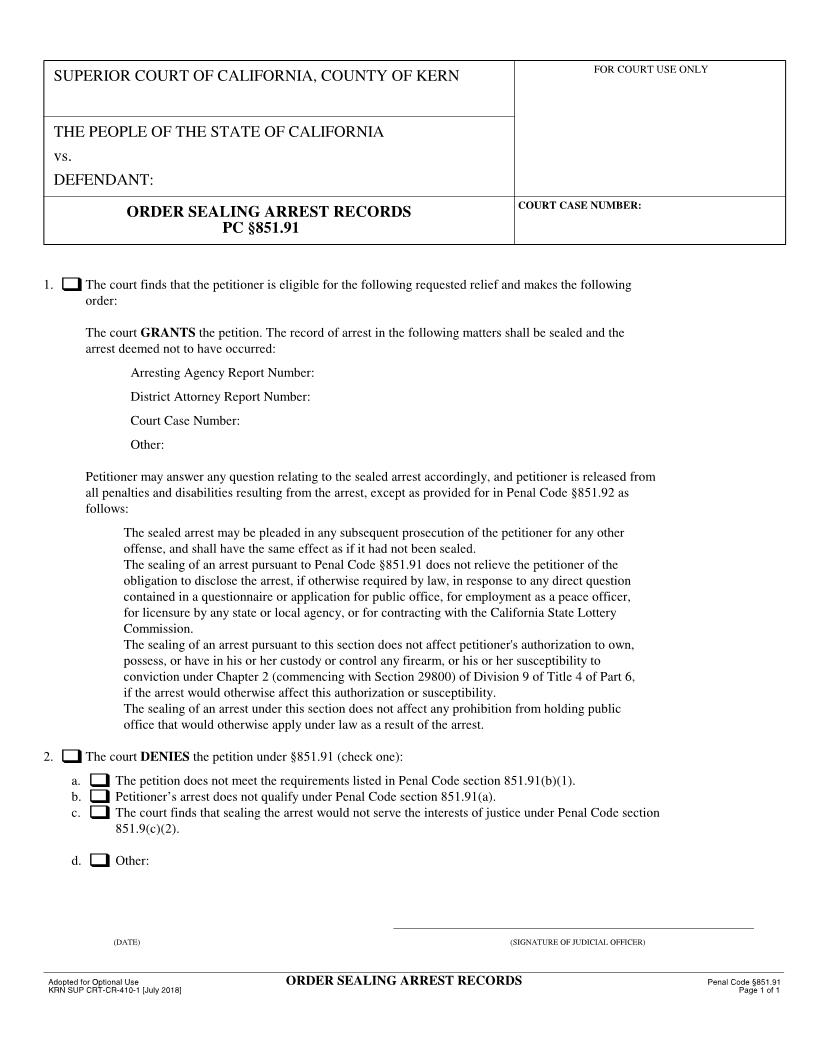 Order Sealing Arrest Records {CRT-CR-410-1} | Pdf Fpdf Docx | California