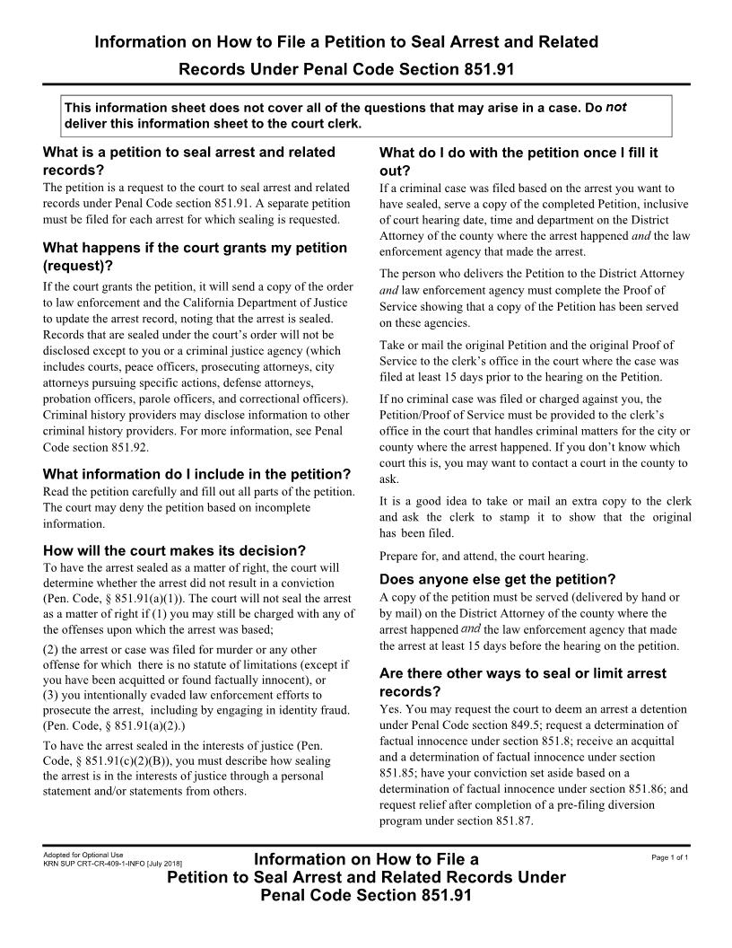 Petition For Sealing Of Arrest Records {CRT-CR-409-1} | Pdf Fpdf Docx | California