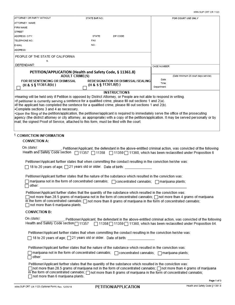 Petition-Application (HS 11361.8) Adult Crime(s) {SUP CRT 1123} | Pdf Fpdf Doc Docx | California