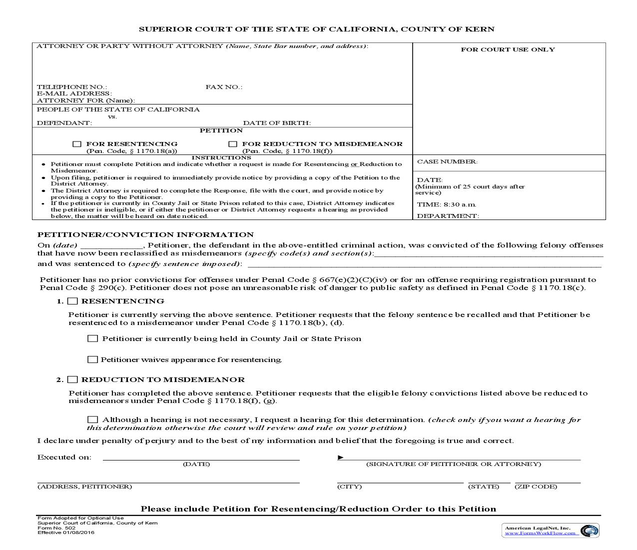Prop 47 Petition (For Resentencing Or For Reduction To Misdemeanor) {502} | Pdf Fpdf Doc Docx | California