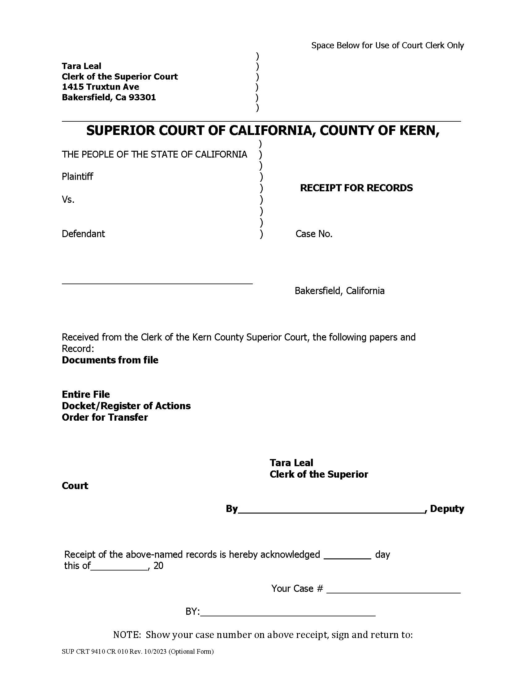 Receipt For Records (Criminal) {CR 010} | Pdf Fpdf Docx | California