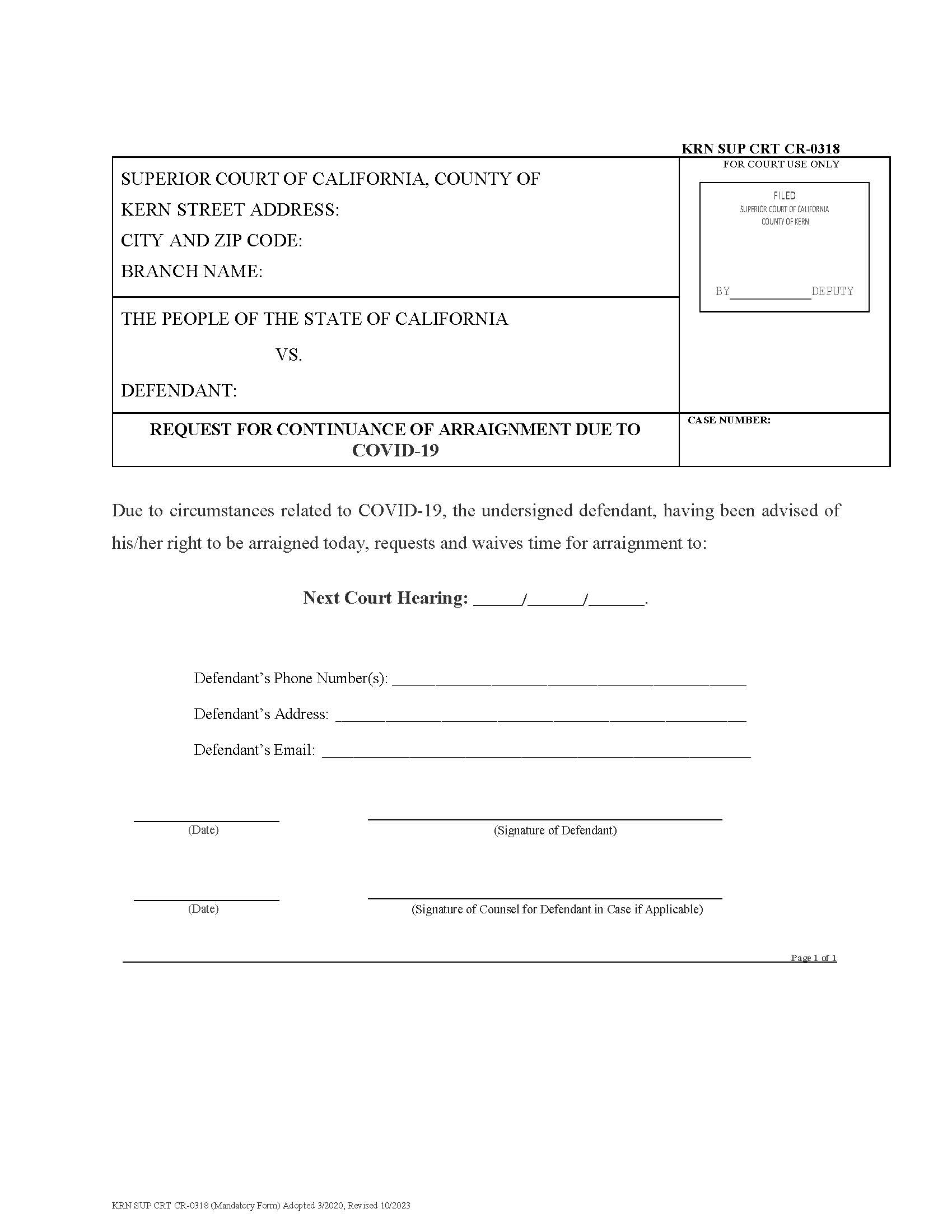 Request For Continuance Of Arraignment Due To COVID-19 {KRN SUP CRT CR-0324} | Pdf Fpdf Docx | California
