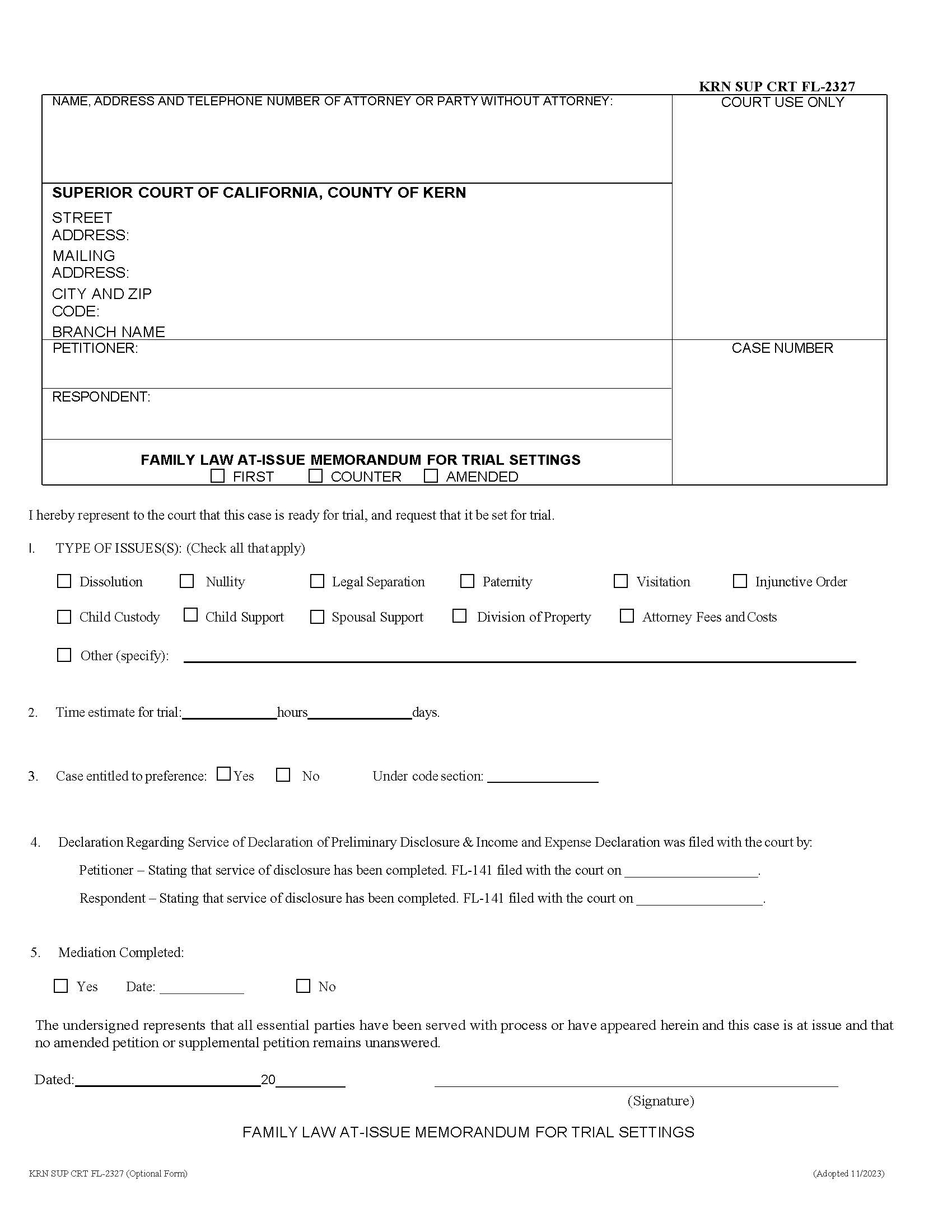 Family Law At-Issue Memorandum For Trial Settings {KRN SUP CRT FL-2327} | Pdf Fpdf Docx | California