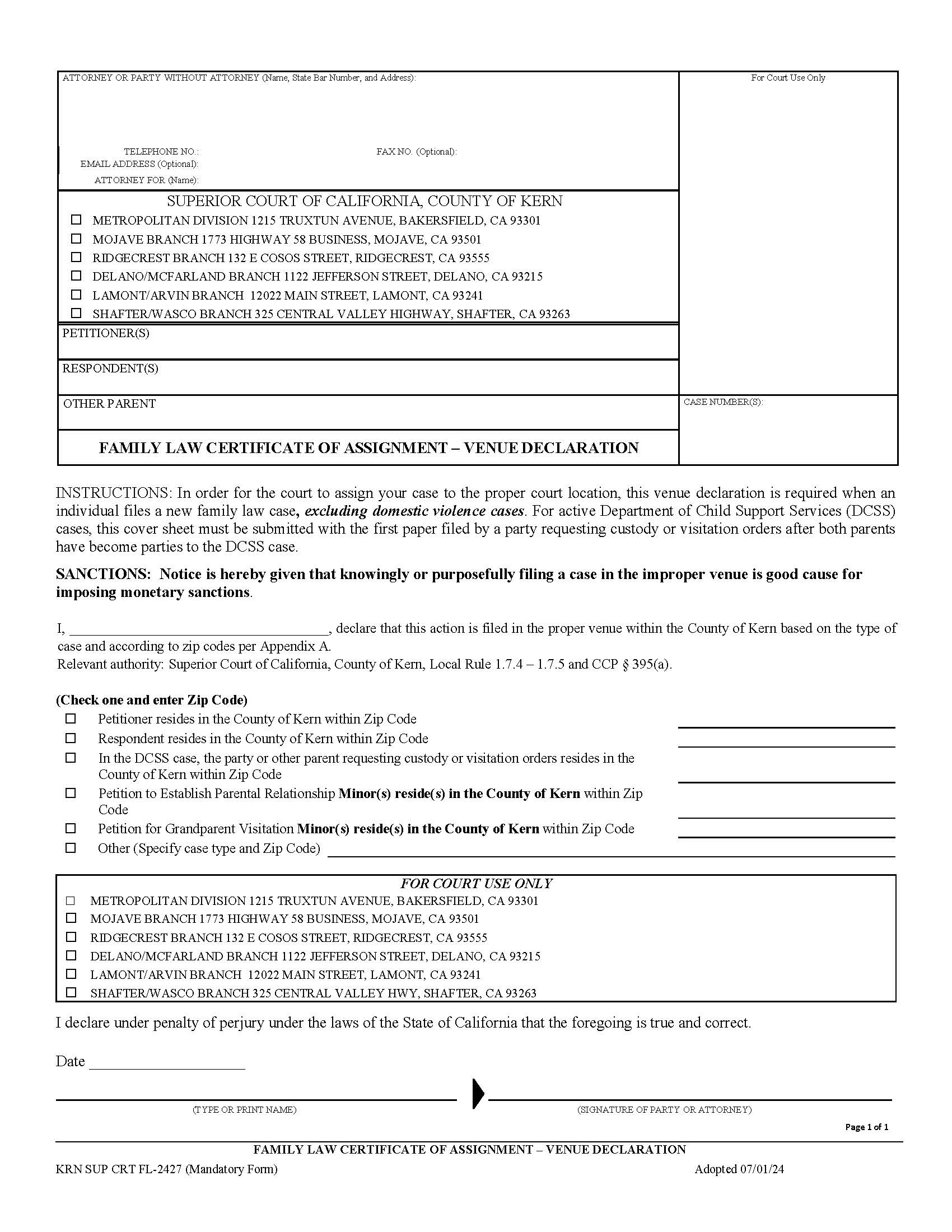 Family Law Certificate Of Assignment-Venue Declaration {KRN SUP CRT FL-2427} | Pdf Fpdf Docx | California
