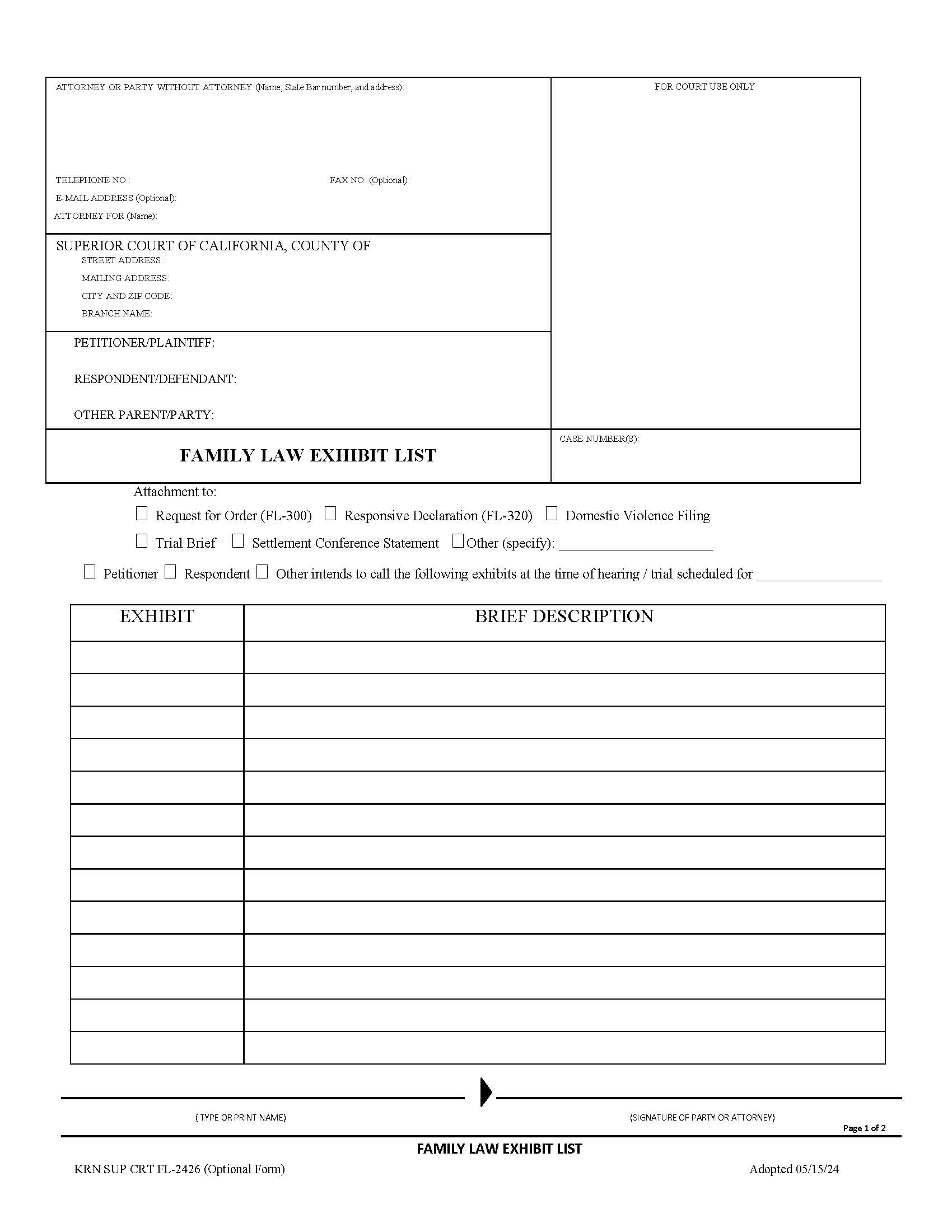 Family Law Exhibit List {KRN SUP CRT FL-2426} | Pdf Fpdf Docx | California
