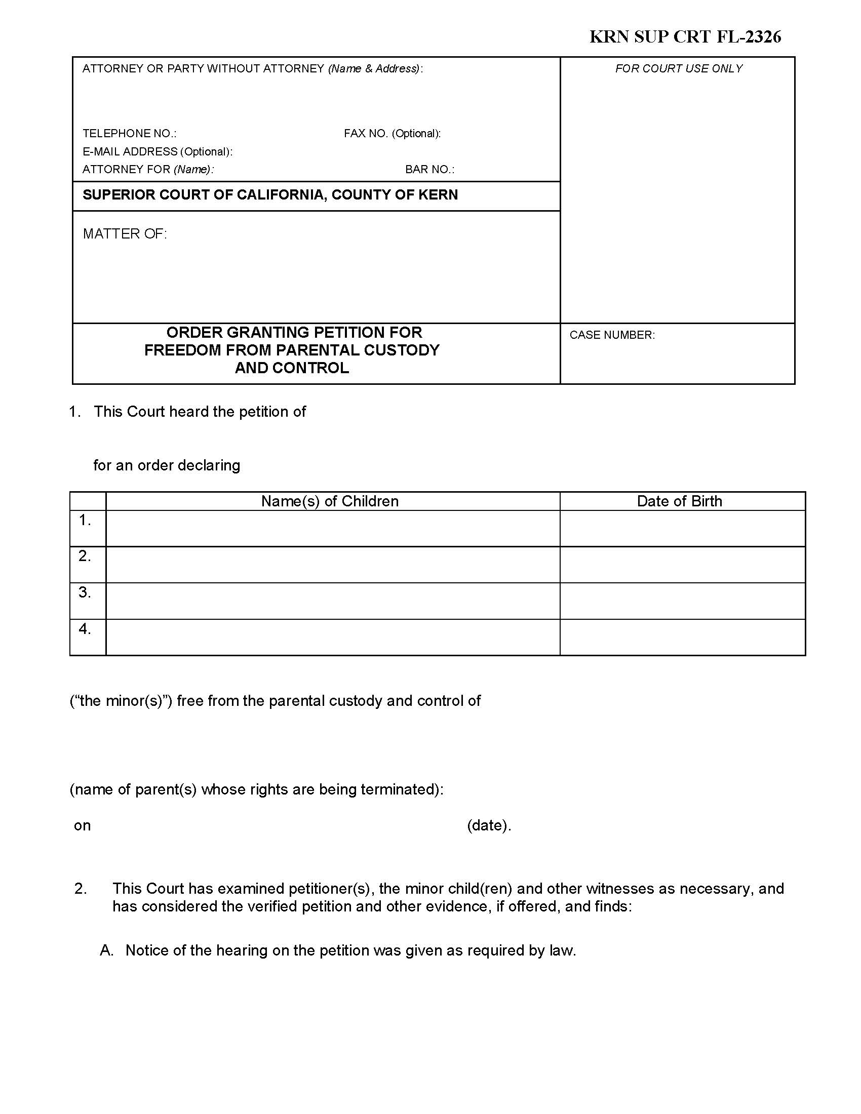 Order On Petition For Freedom From Parental Custody And Control {SUP CRT FL-2326} | Pdf Fpdf Docx | California