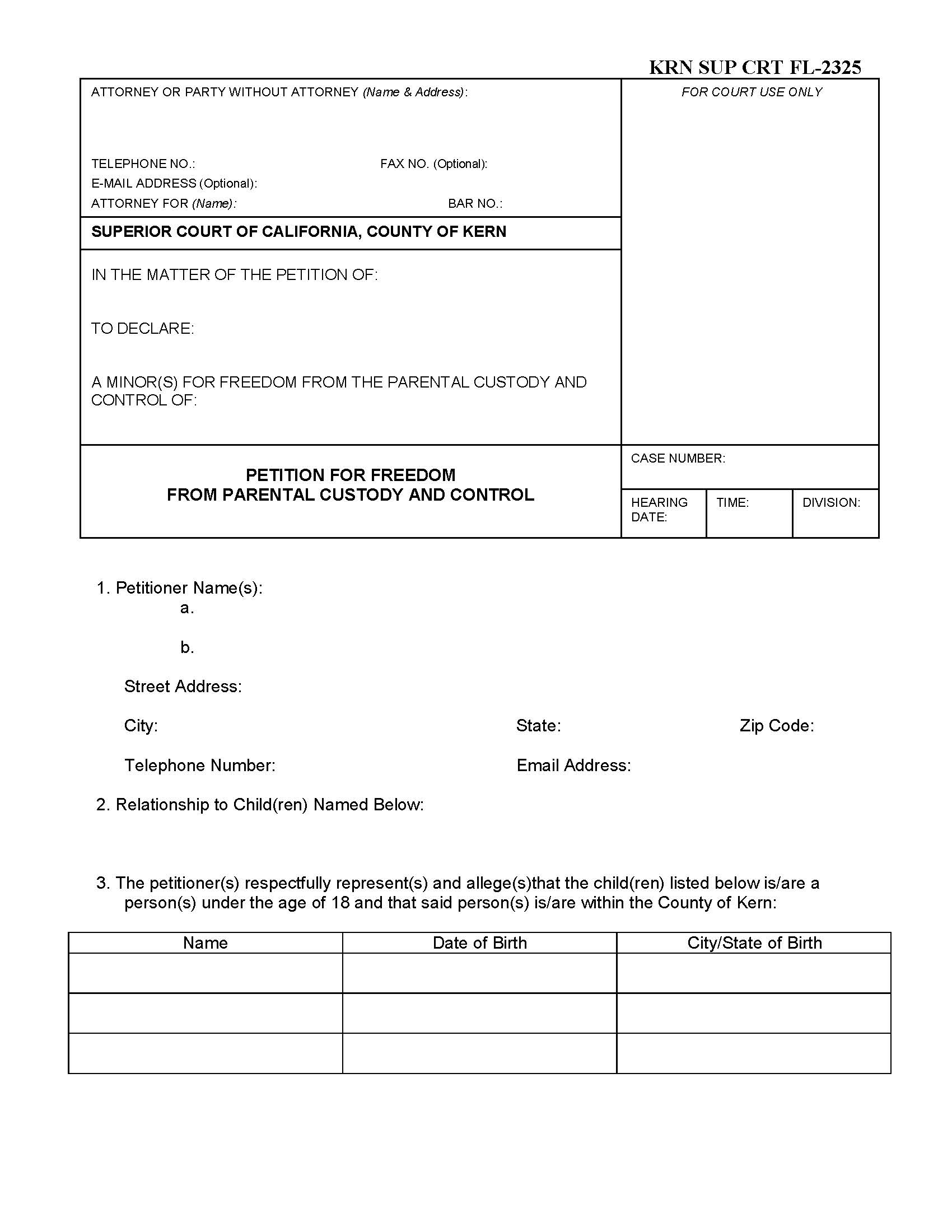 Petition For Freedom From Parental Custody And Control {SUP CT FL-2325} | Pdf Fpdf Docx | California