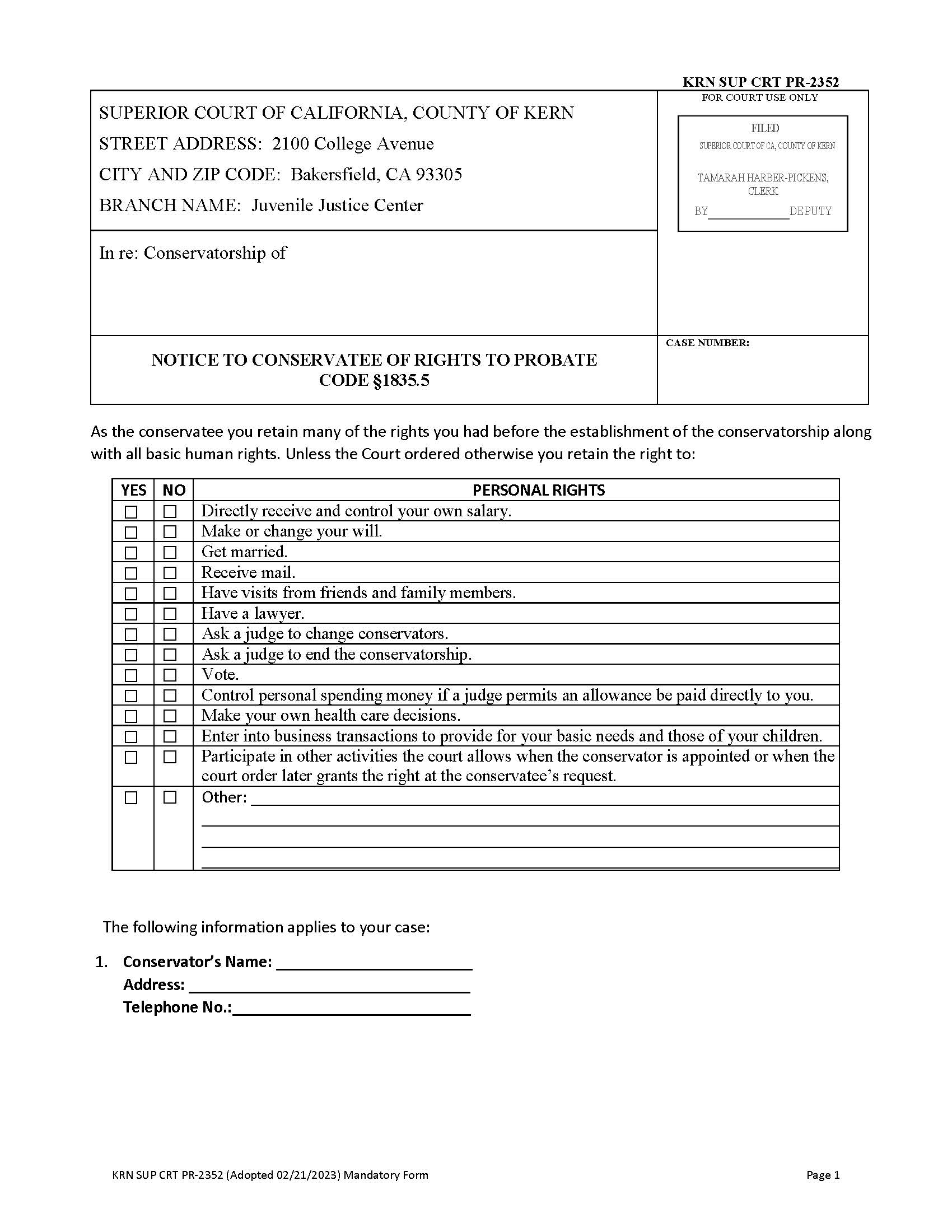 Notice To Conservatee Of Rights To Probate Code 1835.5 {SUP CRT PR-2352} | Pdf Fpdf Docx | California