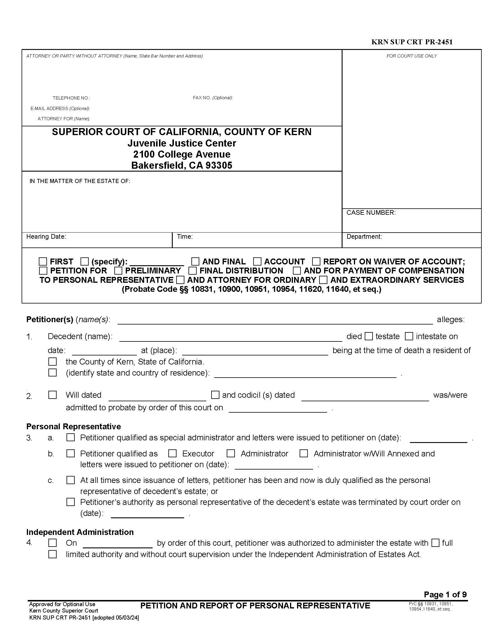 Petition And Report Of Personal Representative {KRN SUP CRT PR-2451} | Pdf Fpdf Docx | California
