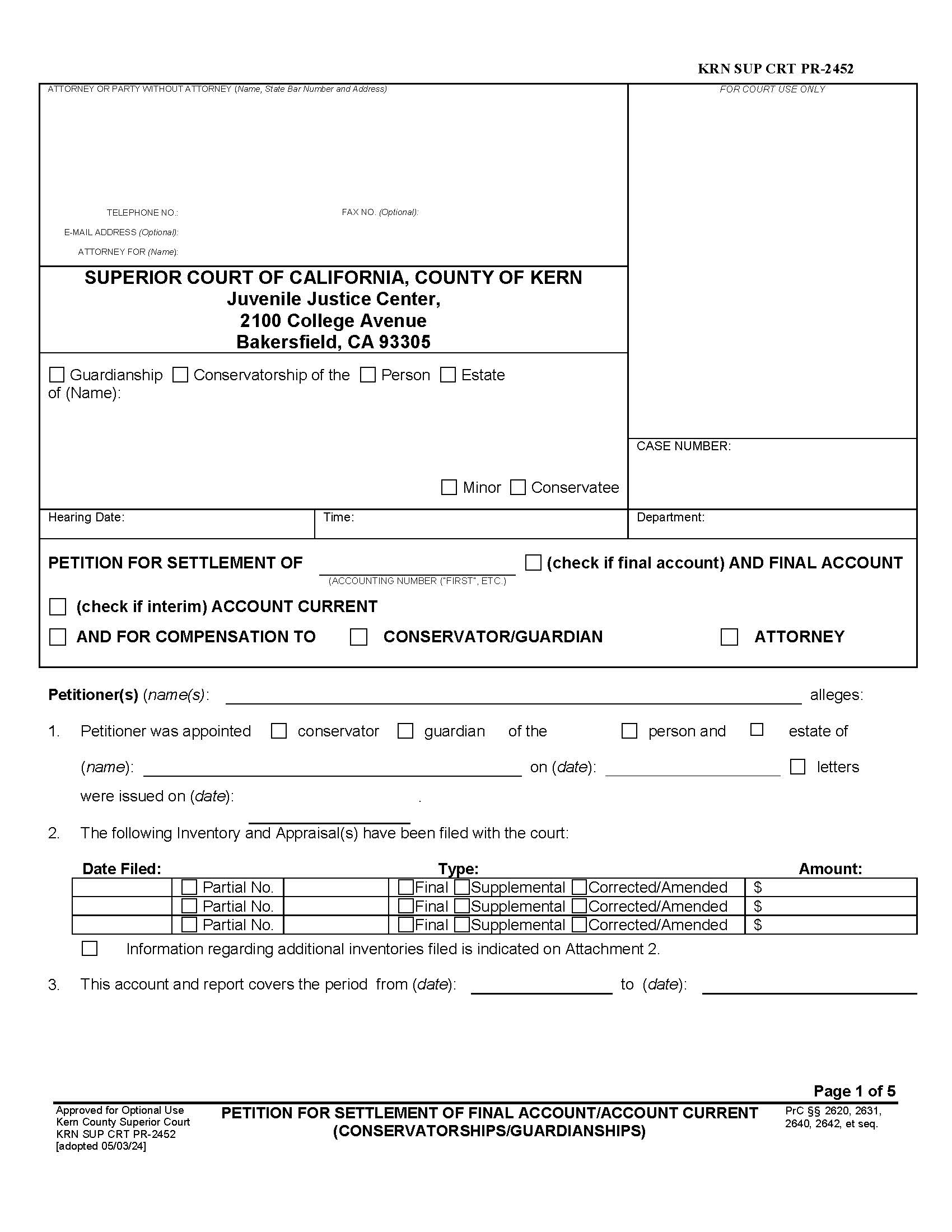 Petition For Settlement Of Final Account-Account Current (Conservatorships-Guardianships) {KRN SUP CRT PR-2452} | Pdf Fpdf Docx | California