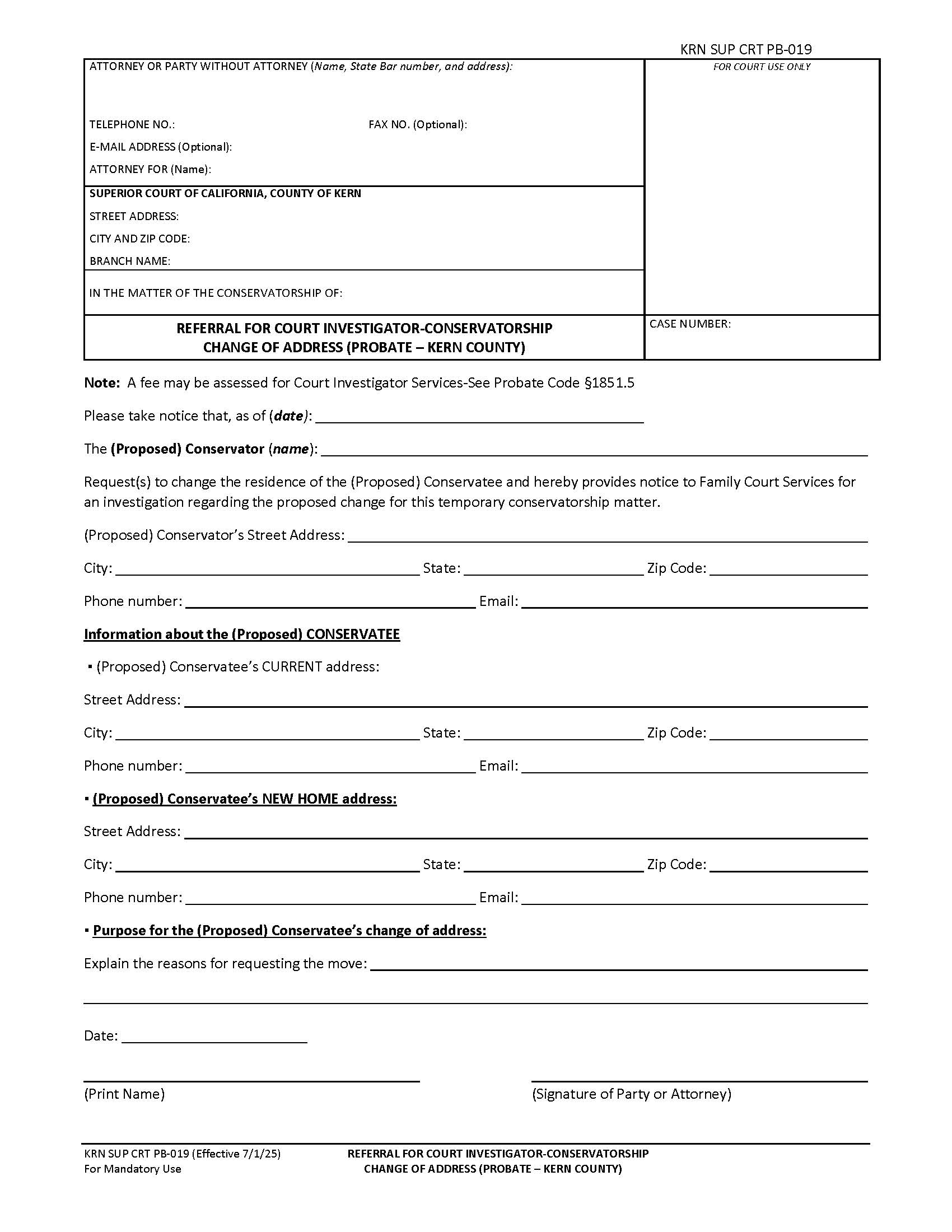 Referral For Court Investigator-Conservatorship Change Of Address (Probate-Kern County) {KRN SUP CRT PB-019} | Pdf Fpdf Docx | California