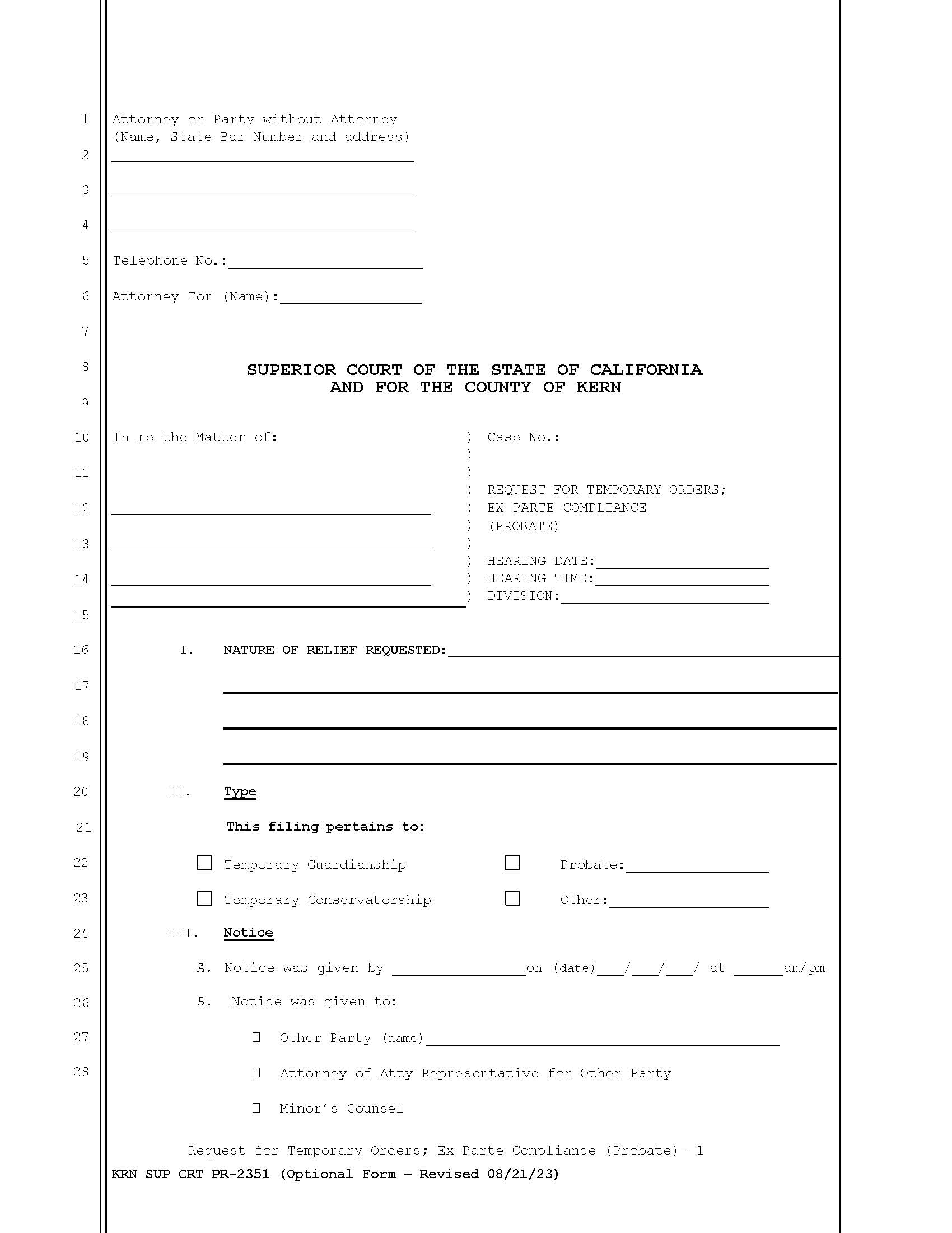 Request For Temporary Orders-Ex Parte Compliance (Probate) {SUP CRT PR-2351} | Pdf Fpdf Docx | California