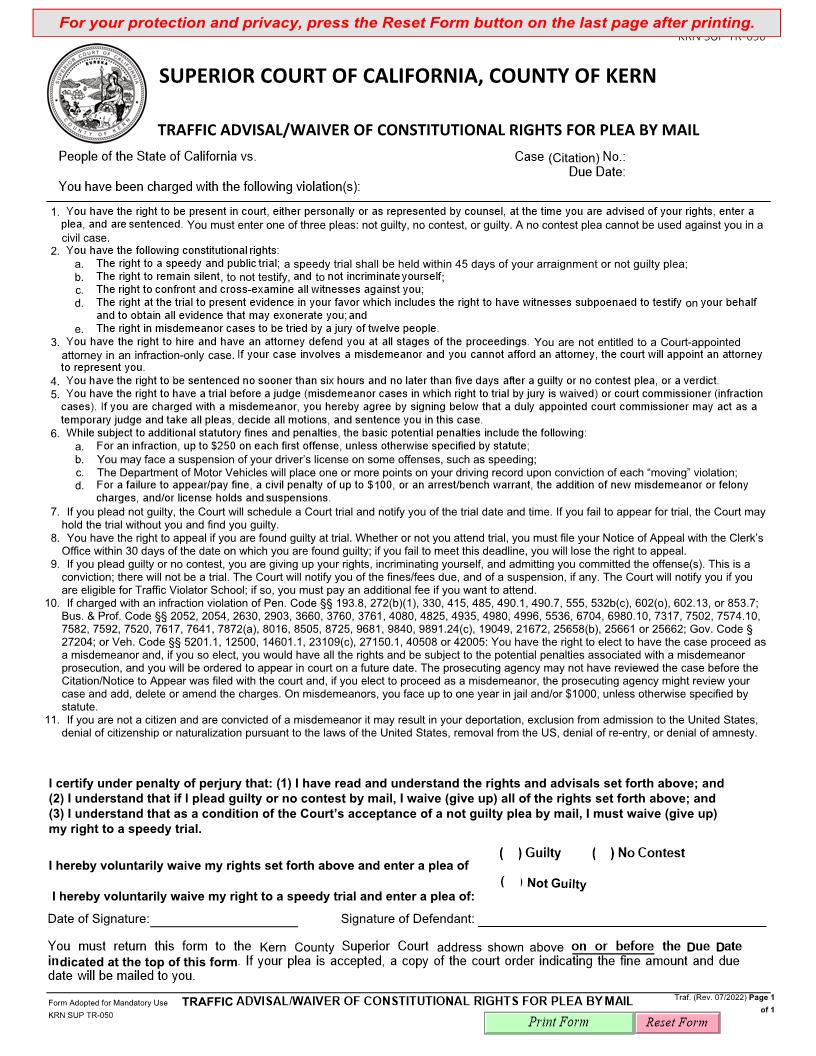 Advisal Of Rights (Traffic Advisal-Waiver Of Constitutional Rights For Plea Mail) {TR-050} | Pdf Fpdf Docx | California