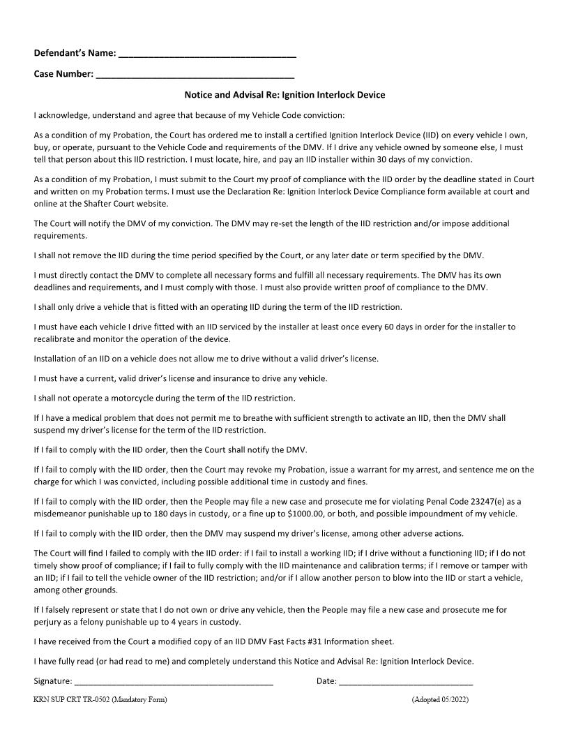 Notice And Advisal Re Ignition Interlock Device {TR-0502} | Pdf Fpdf Docx | California