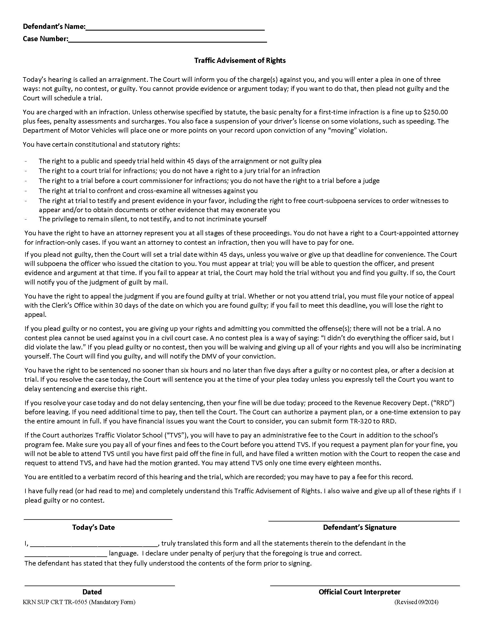 Traffic Advisement Of Rights {KRN SUP CRT TR-0505} | Pdf Fpdf Docx | California