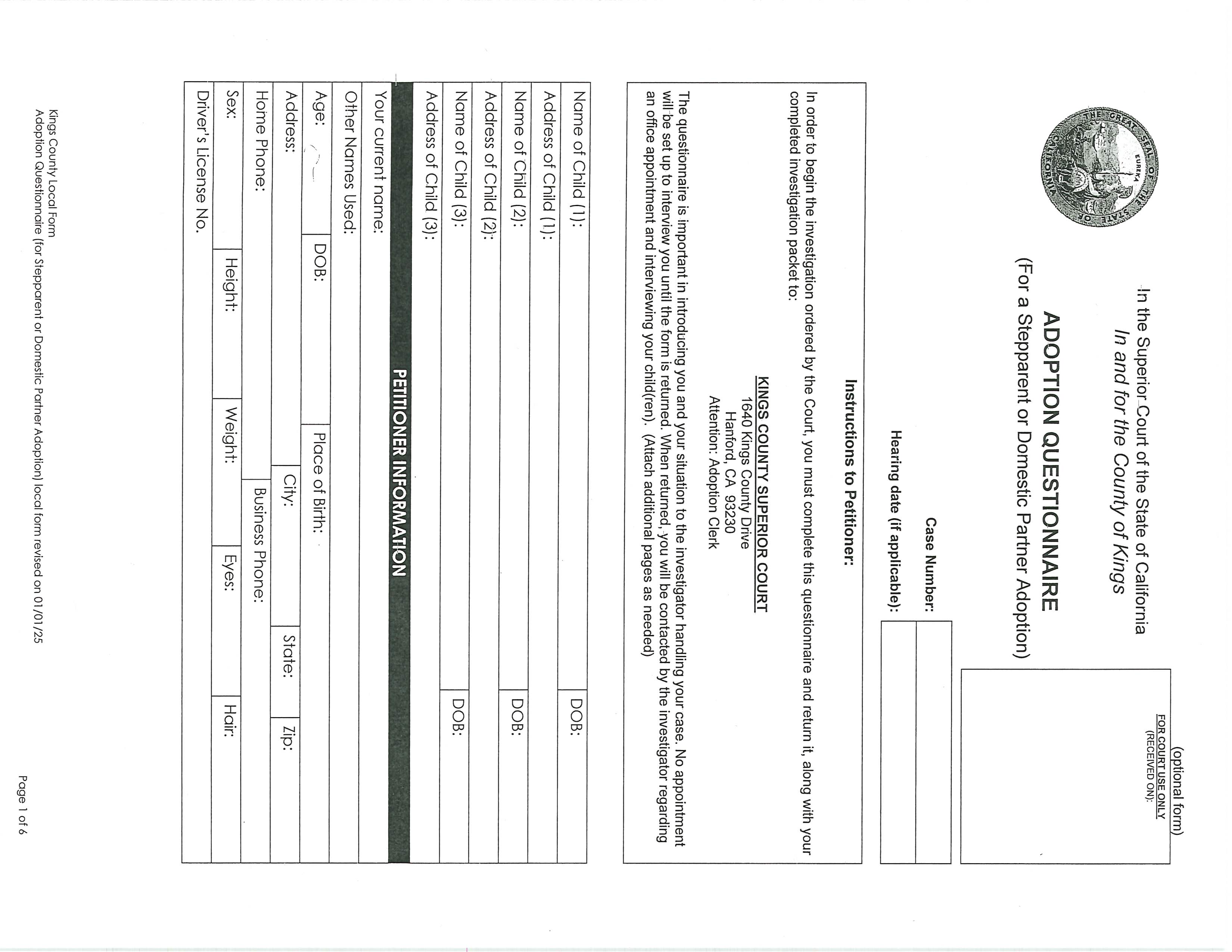 Adoption Questionnaire (Stepparent Or DP Adoption) | Pdf Fpdf Doc Docx | California