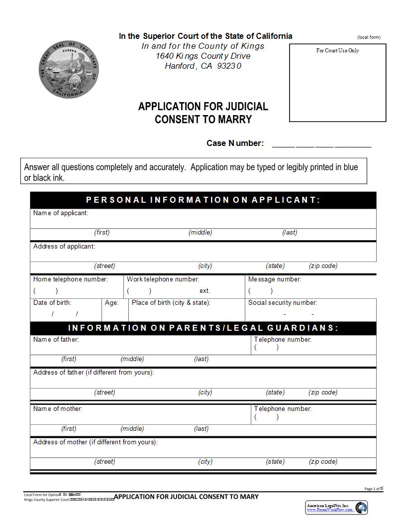 Application For Judicial Consent To Marry (Underage Marriage) {CIV 1} | Pdf Fpdf Docx | California