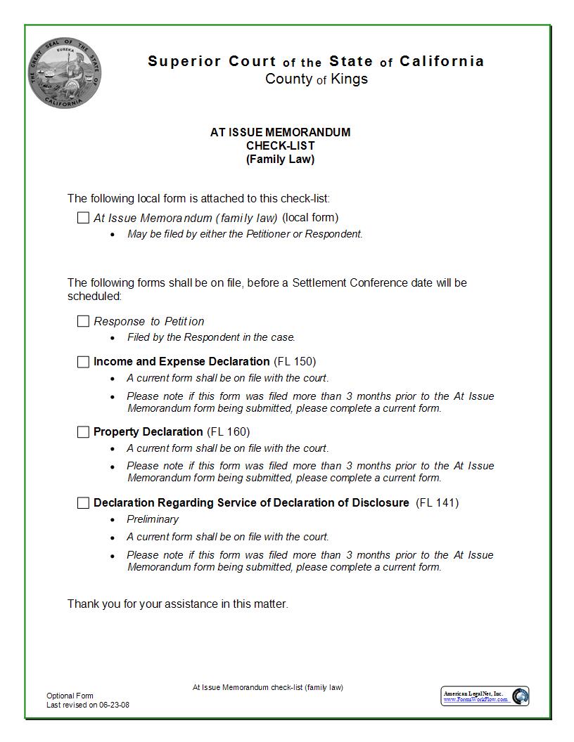 At Issue Memorandum Check-list (Family Law) | Pdf Fpdf Docx | California