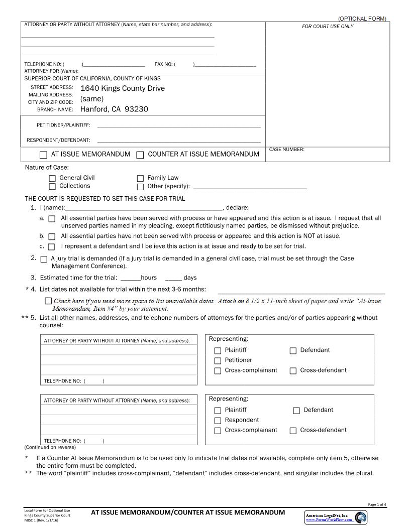 At Issue Memorandum Counter At Issue Memorandum (Family Law) {MISC 1} | Pdf Fpdf Docx | California