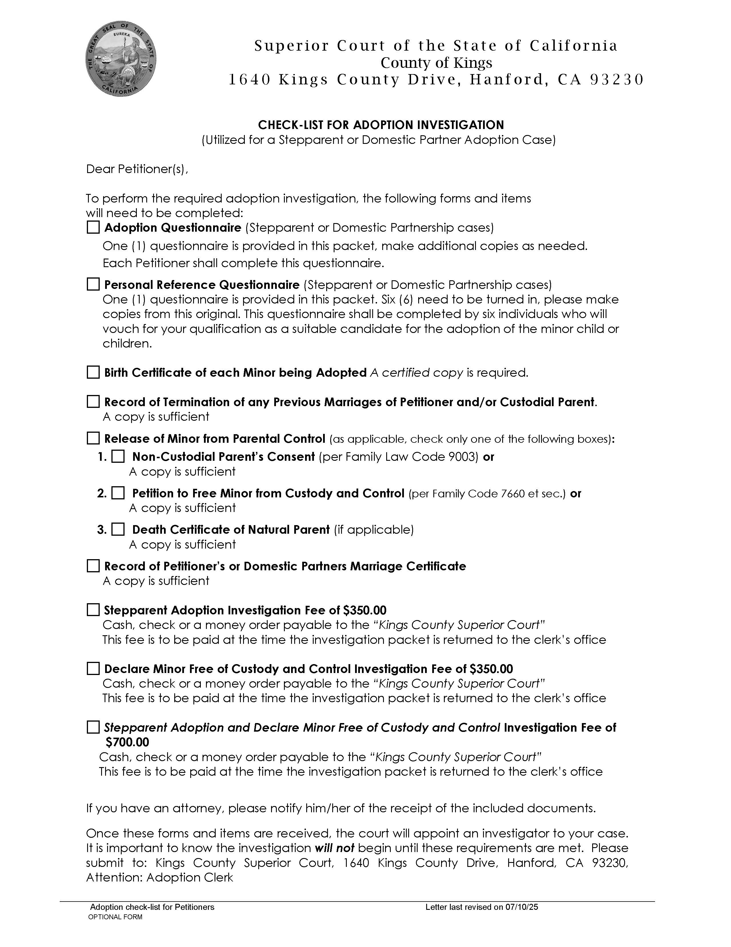 Checklist For Adoption Investigation | Pdf Fpdf Docx | California