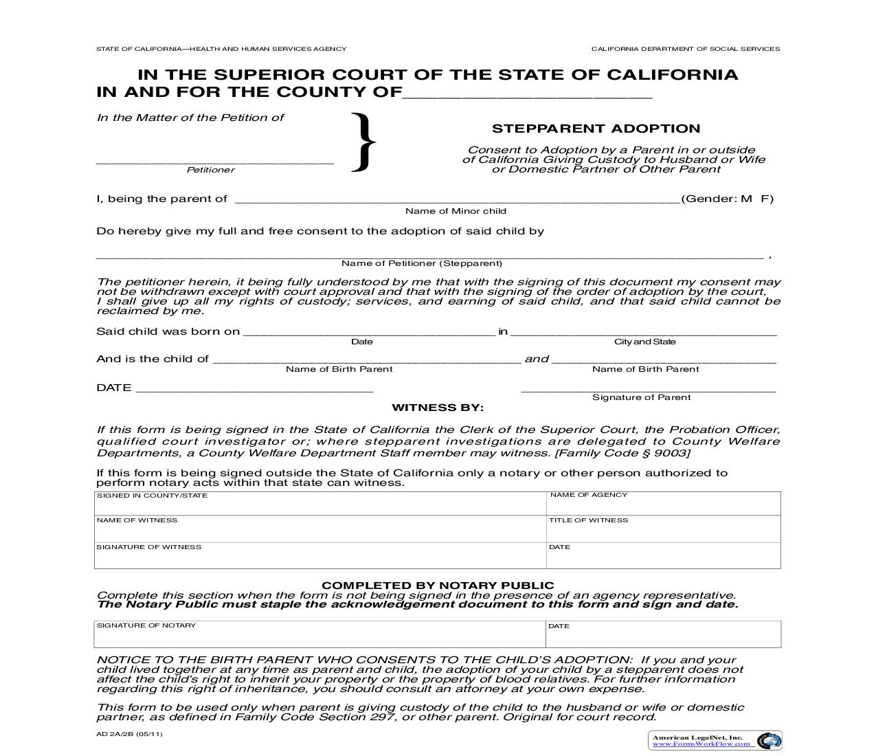 Consent To Adoption By Parent In Or Outside Of California {AD 2A 2B} | Pdf Fpdf Doc Docx | California