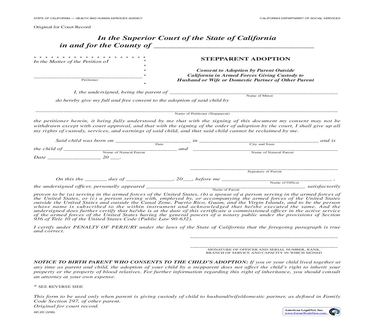 Consent To Adoption By Parent Outside California In Armed Forces (Stepparent Adoption) {AD 2D} | Pdf Fpdf Doc Docx | California