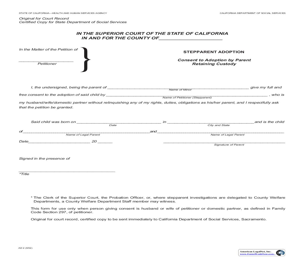 Consent To Adoption By Parent Retaining Custody (Stepparent Adoption) {AD 2} | Pdf Fpdf Doc Docx | California