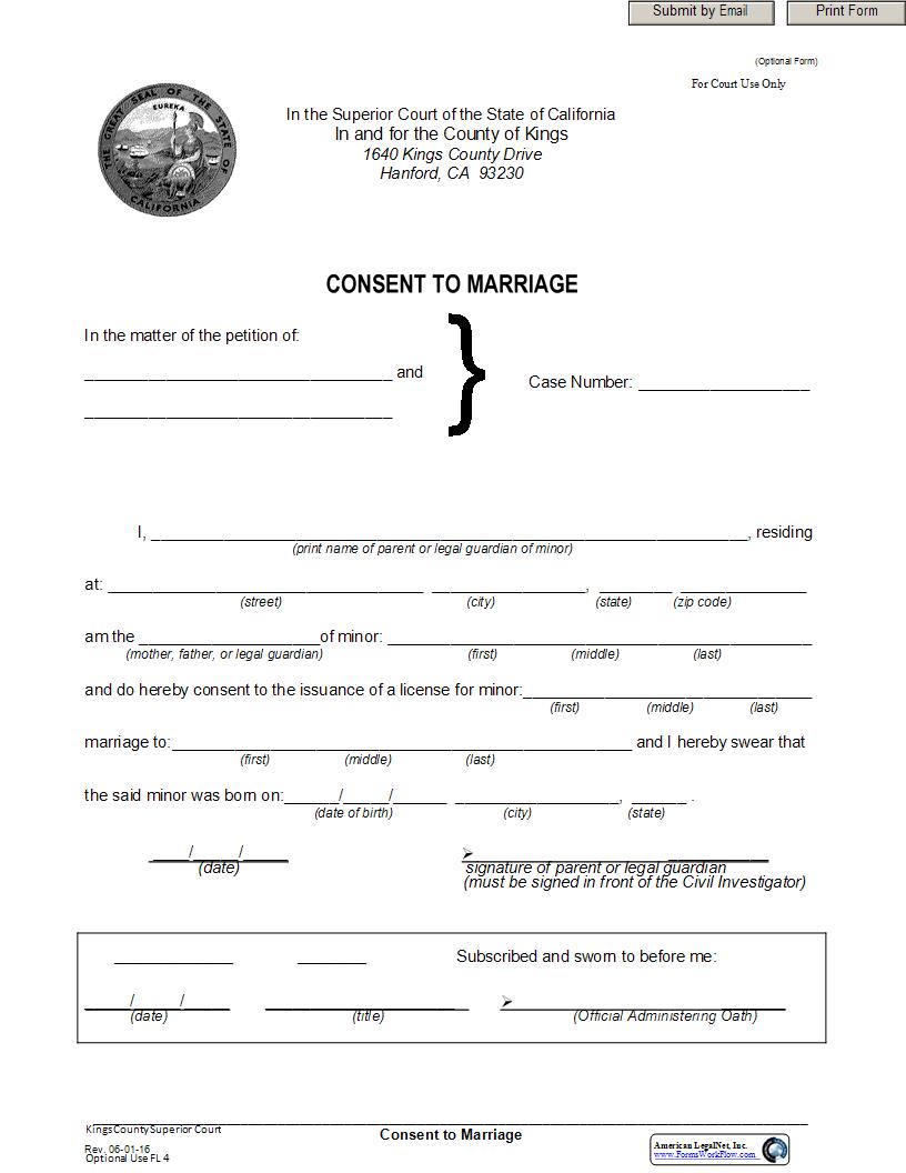 Consent To Marriage (Underage Marriage) {FL 4} | Pdf Fpdf Docx | California