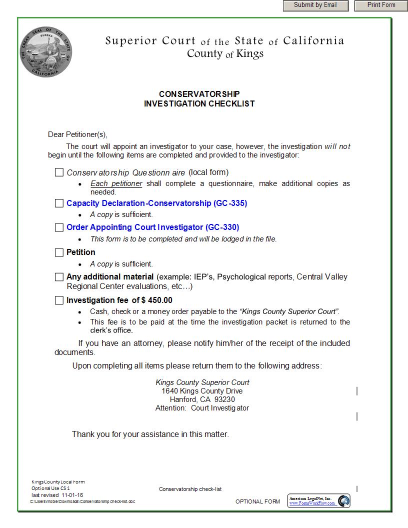 Conservatorship Investigation Checklist {CS 1} | Pdf Fpdf Docx | California