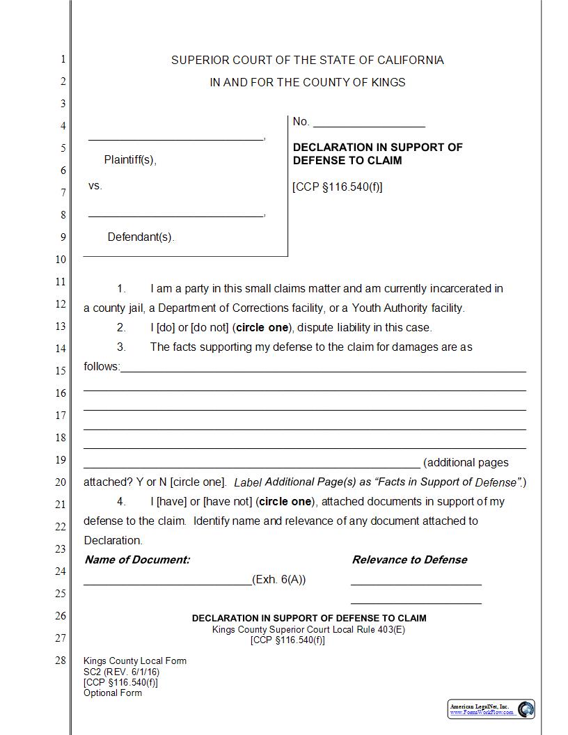 Declaration In Support Of Defense To Claim {SC 2} | Pdf Fpdf Docx | California