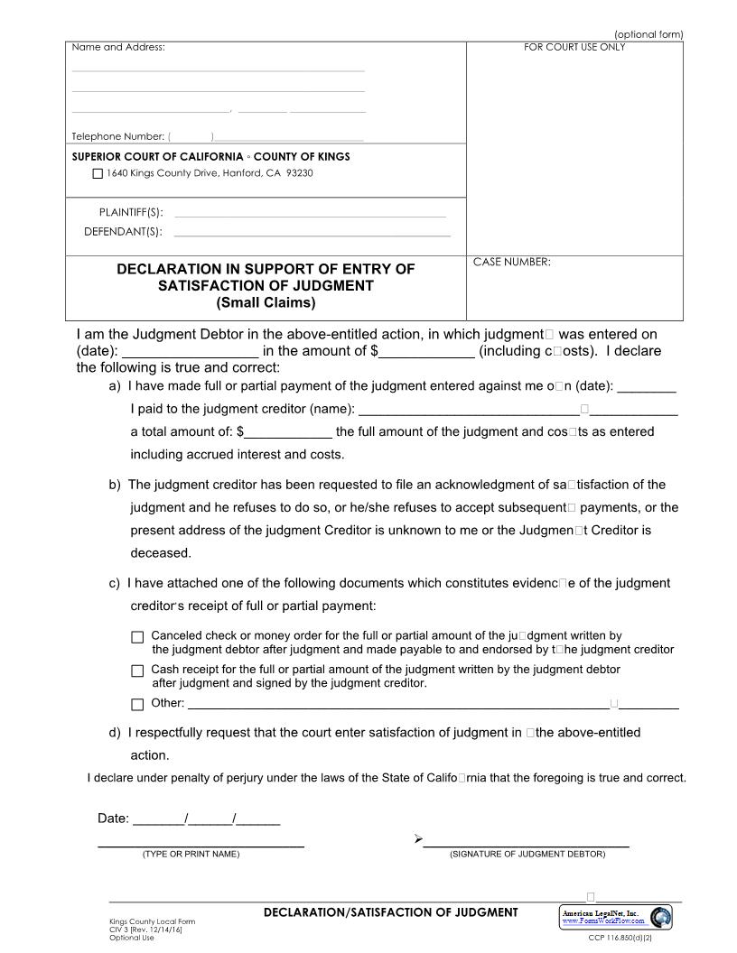 Declaration In Support Of Entry Of Satisfaction Of Judgment (Small Claims) {CIV 3} | Pdf Fpdf Docx | California