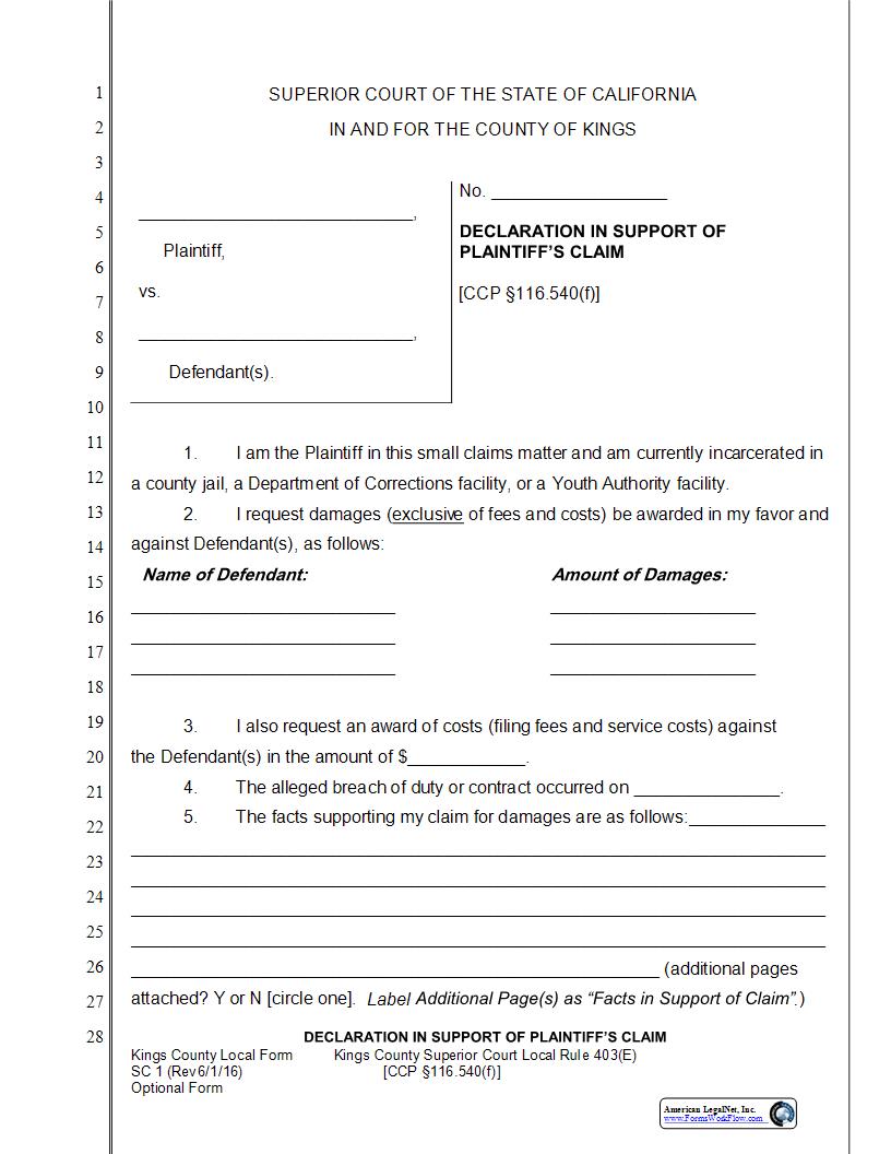 Declaration In Support Of Plaintiffs Claim {SC 1} | Pdf Fpdf Docx | California