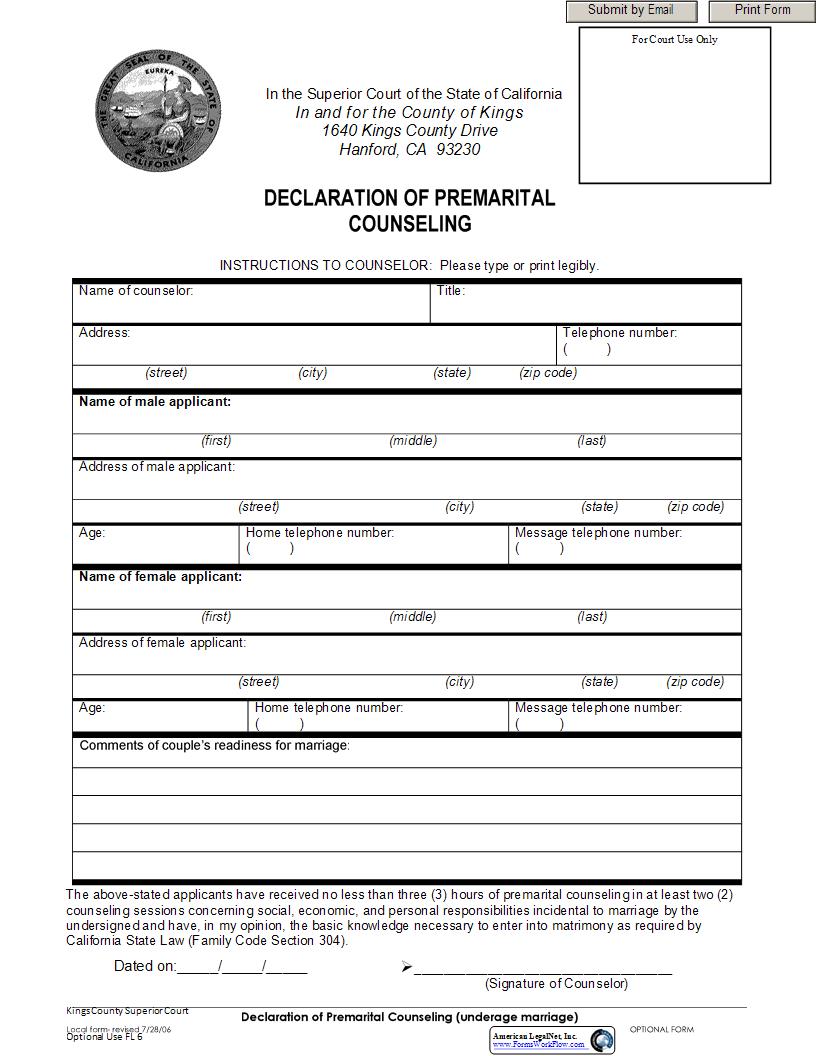 Declaration Of Premarital Counseling (Underage Marriage) {FL 6} | Pdf Fpdf Docx | California