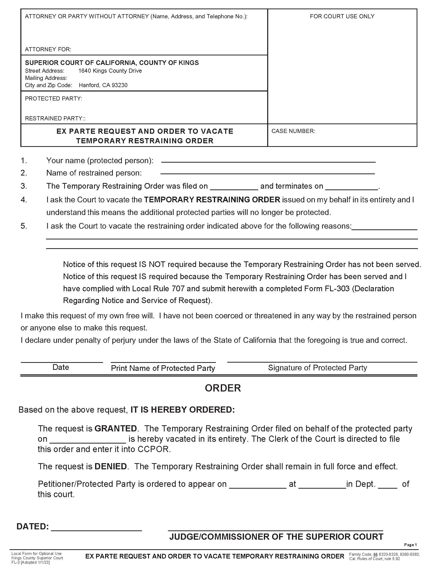 Ex Parte Request And Order To Vacate Temporary Restraining Order {FL-3} | Pdf Fpdf Docx | California