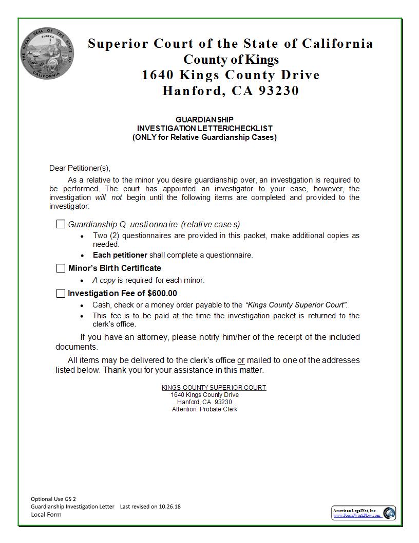 Guardianship Investigation Letter {GS 2} | Pdf Fpdf Docx | California