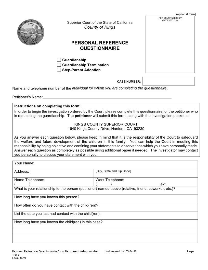 Personal Reference Questionnaire For A Stepparent Adoption | Pdf Fpdf Docx | California