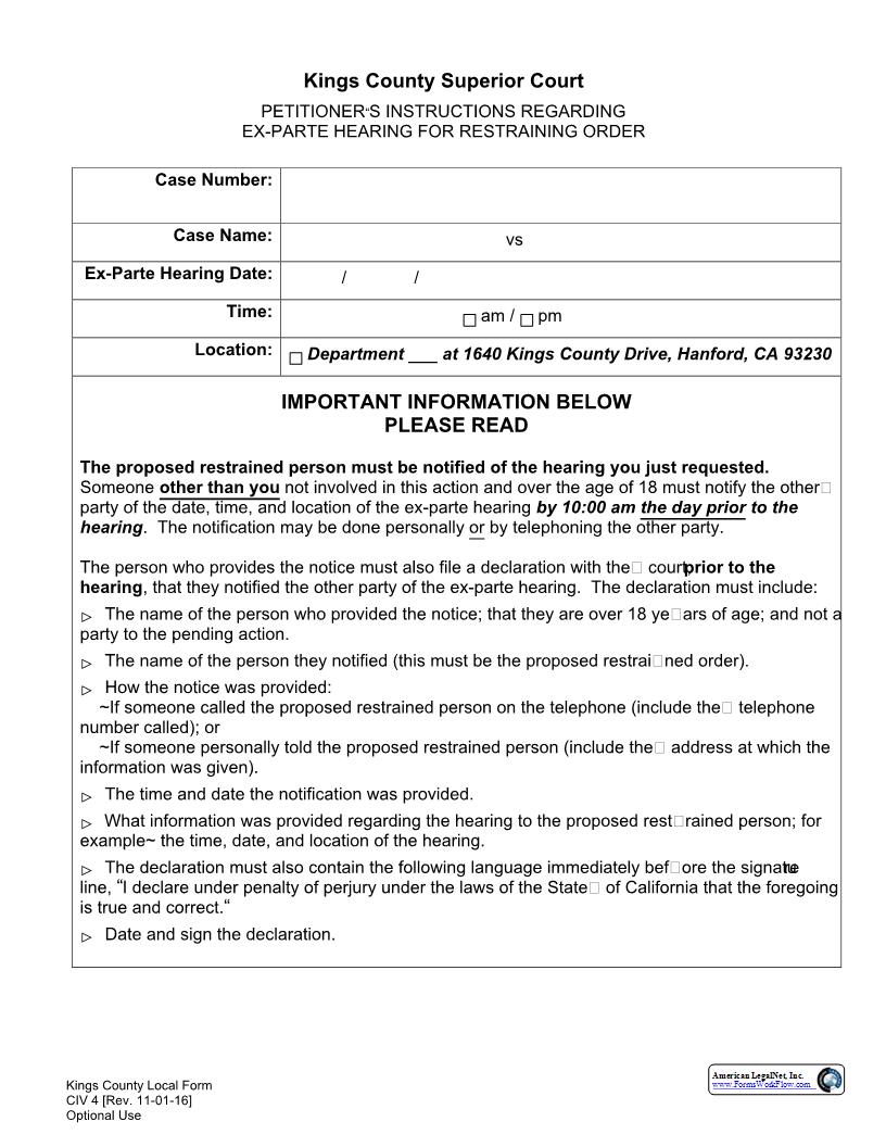 Petitioners Instructrions Regarding Ex Parte Hearing For Restraining Order {CIV 4} | Pdf Fpdf Docx | California
