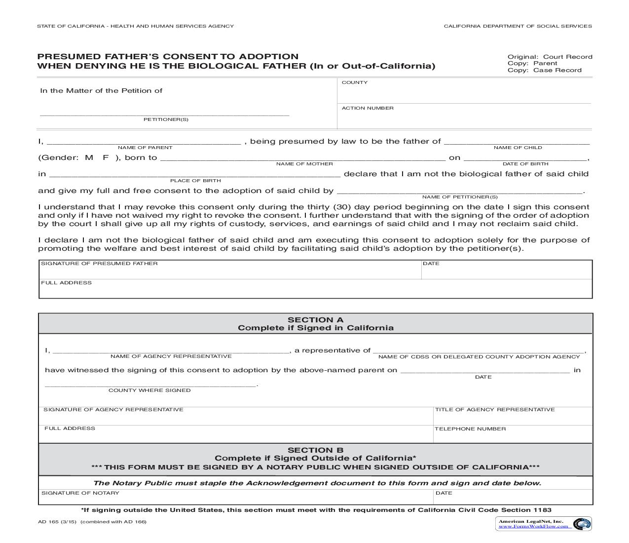 Presumed Fathers Consent To Adoption (In California) {AD 165} | Pdf Fpdf Doc Docx | California