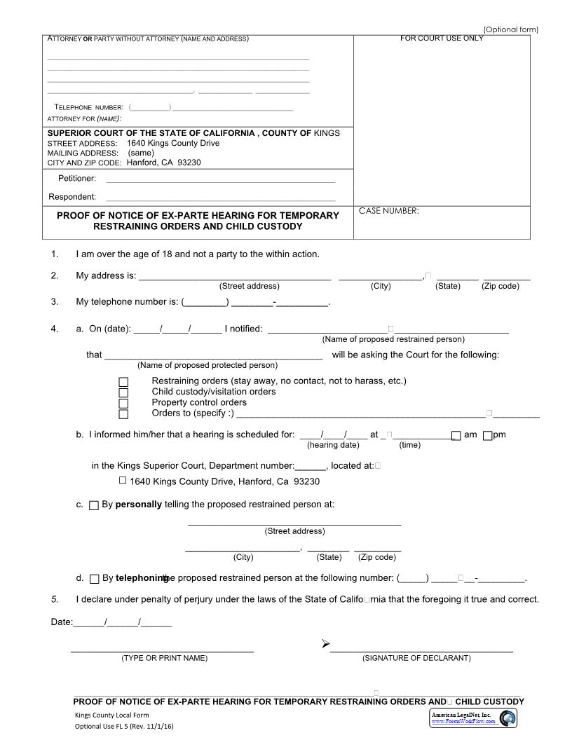 Proof Of Notice Of Ex Parte Hearing For Temporary Restraining Orders {FL 5} | Pdf Fpdf Docx | California