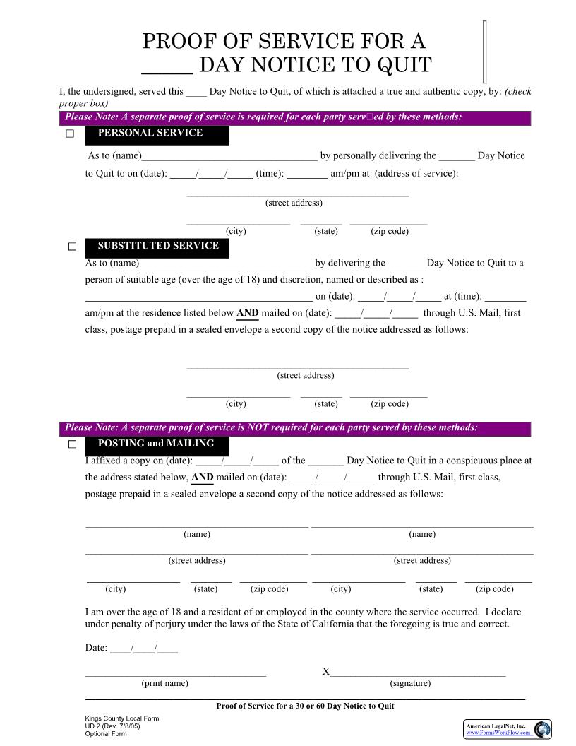 Proof Of Service For A 30 Or 60 Day Notice To Quit {UD 2} | Pdf Fpdf Docx | California